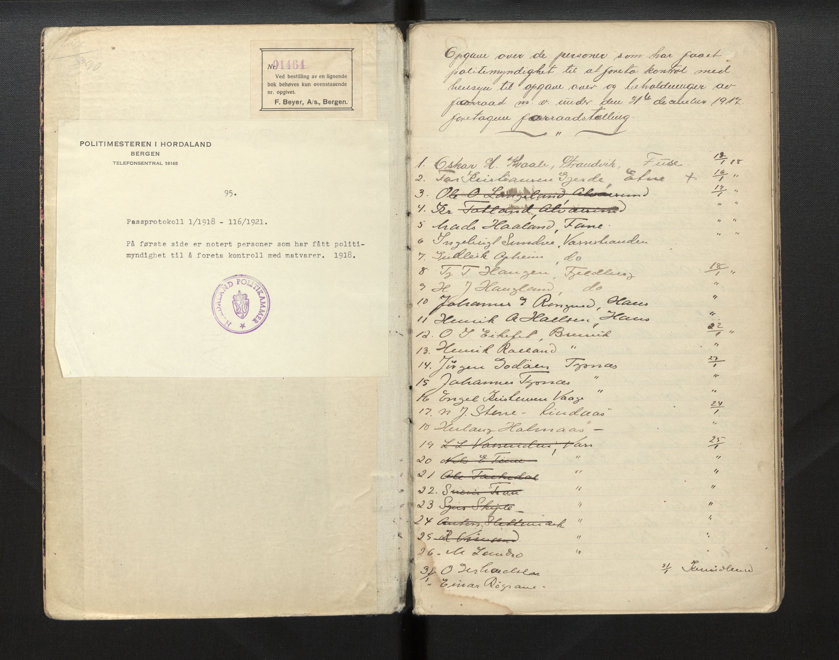 Hordaland politidistrikt, AV/SAB-A-64101/J.a/L0001: Politipass, 1917-1921