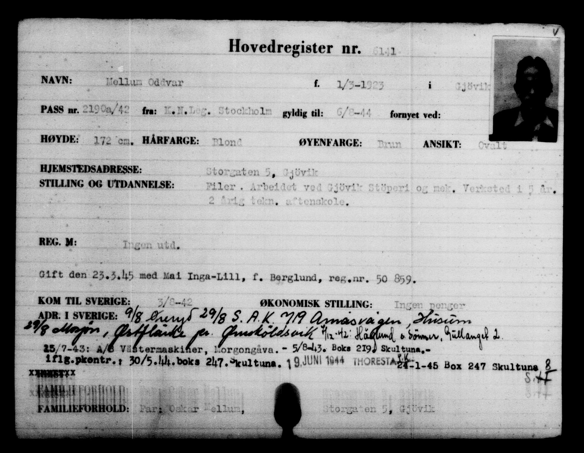 Utenriksstasjonene, Legasjonen i Stockholm, Flyktningkontoret, AV/RA-S-6753/V/Va/L0004: Kjesäterkartoteket, flyktninger med registreringsnr. 3496-6610, 1940-1945, s. 3100
