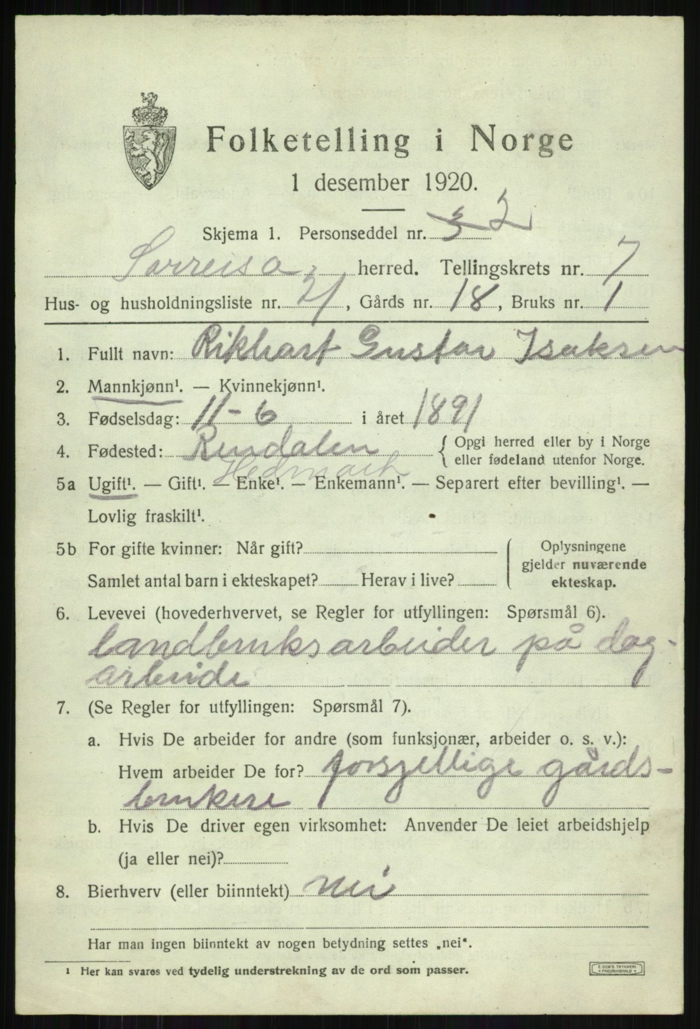 SATØ, Folketelling 1920 for 1925 Sørreisa herred, 1920, s. 3672