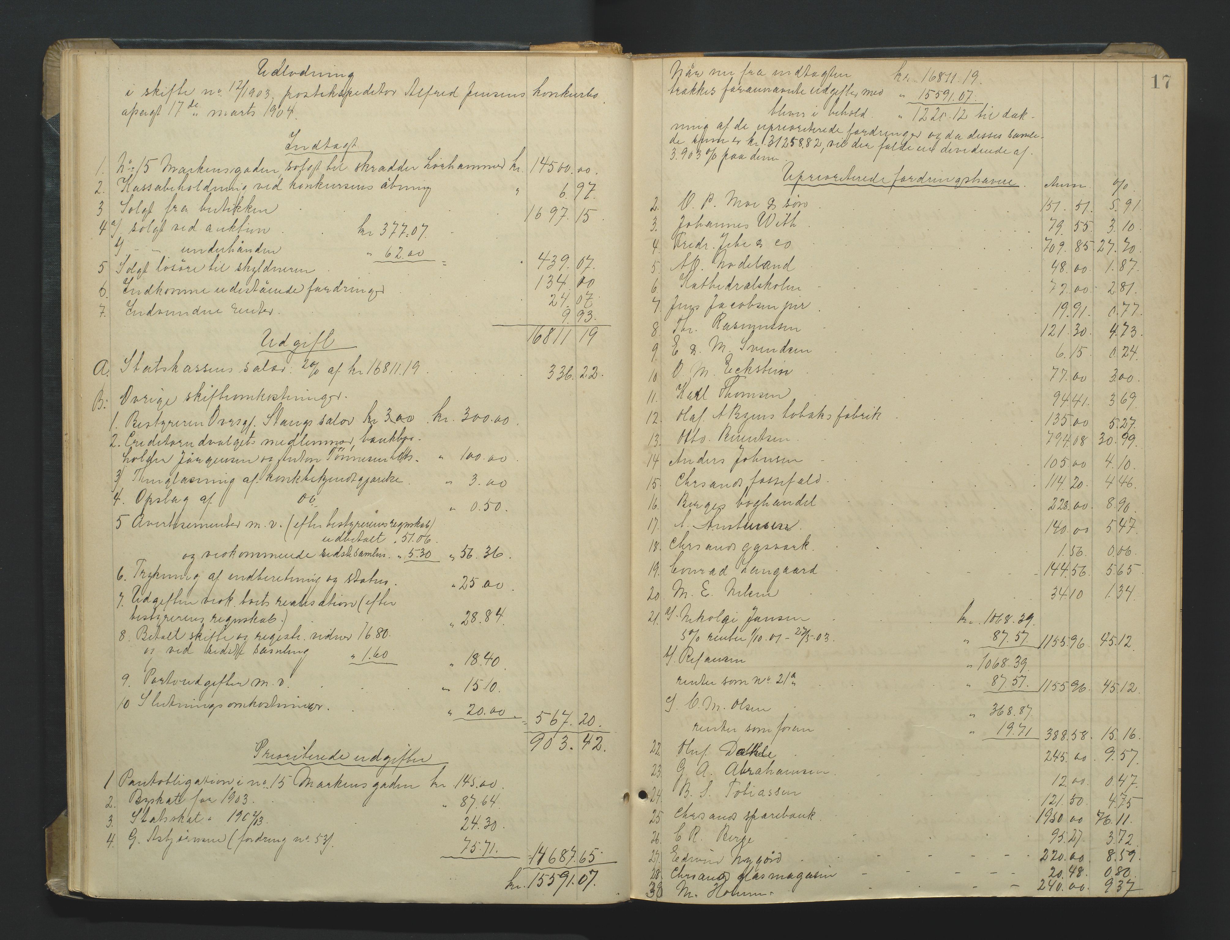 Kristiansand byrett, AV/SAK-1223-0001/H/Hc/L0060: Skifteutlodningsprotokoll nr. 6, med register, 1903-1916, s. 17