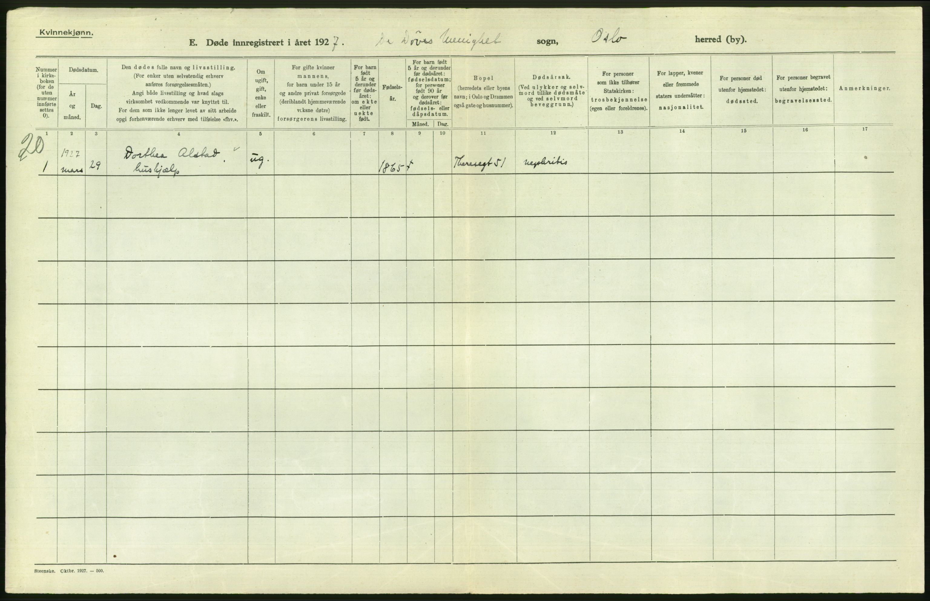 Statistisk sentralbyrå, Sosiodemografiske emner, Befolkning, AV/RA-S-2228/D/Df/Dfc/Dfcg/L0010: Oslo: Døde kvinner, dødfødte, 1927, s. 762