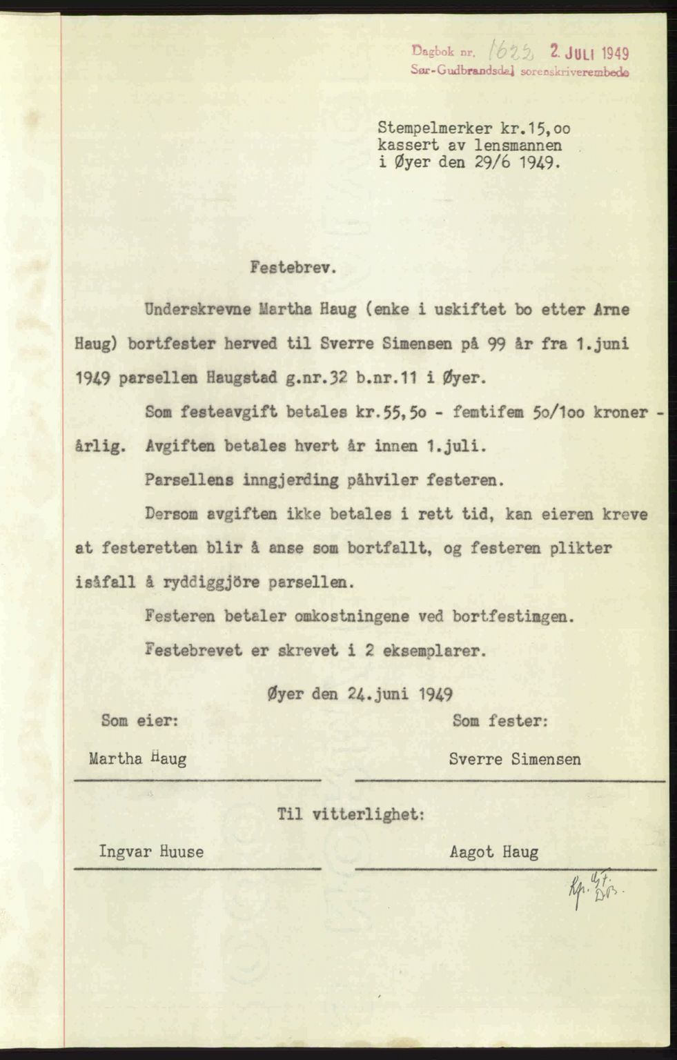 Sør-Gudbrandsdal tingrett, SAH/TING-004/H/Hb/Hbd/L0025: Pantebok nr. A25, 1949-1949, Dagboknr: 1622/1949