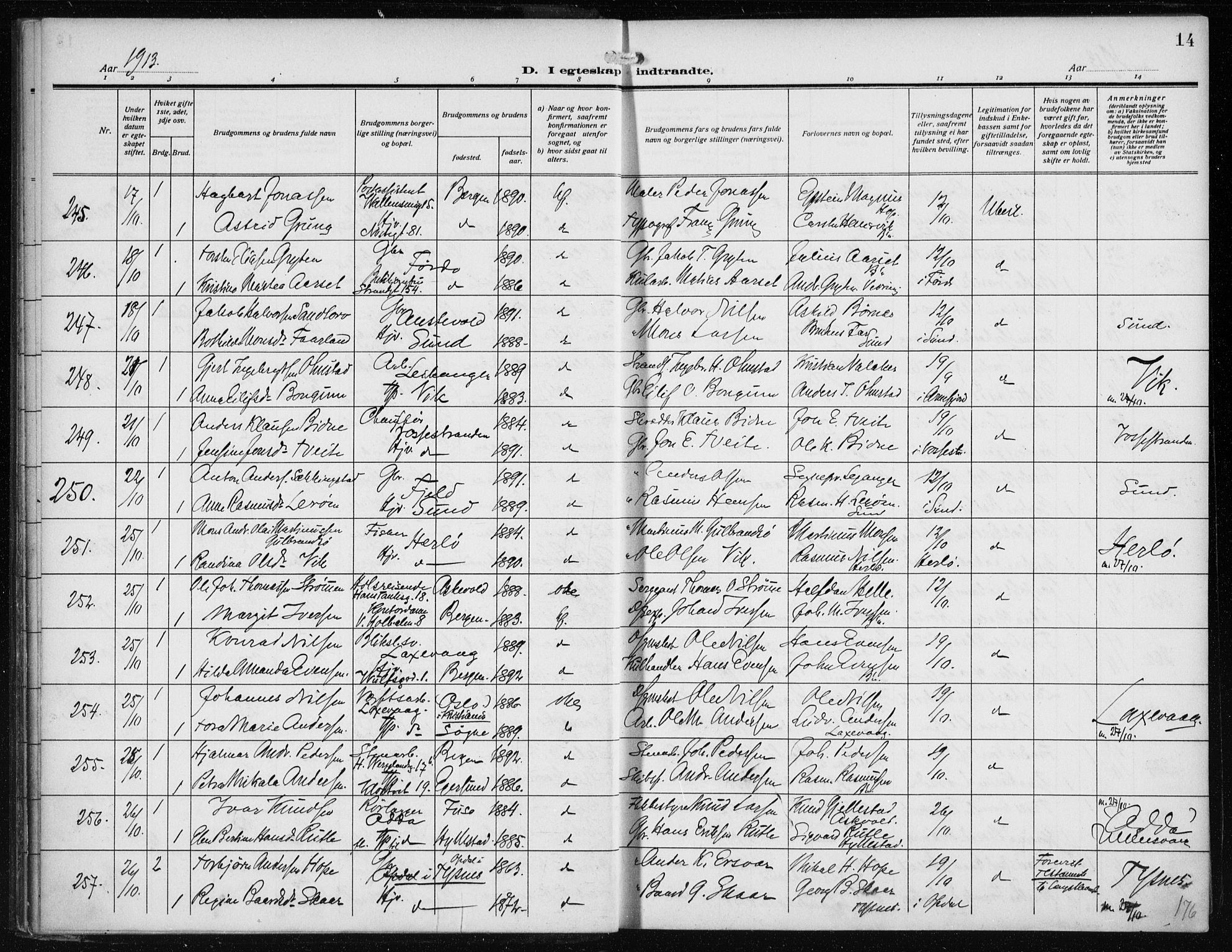 Nykirken Sokneprestembete, AV/SAB-A-77101/H/Haa/L0036: Ministerialbok nr. D 6, 1913-1918, s. 14