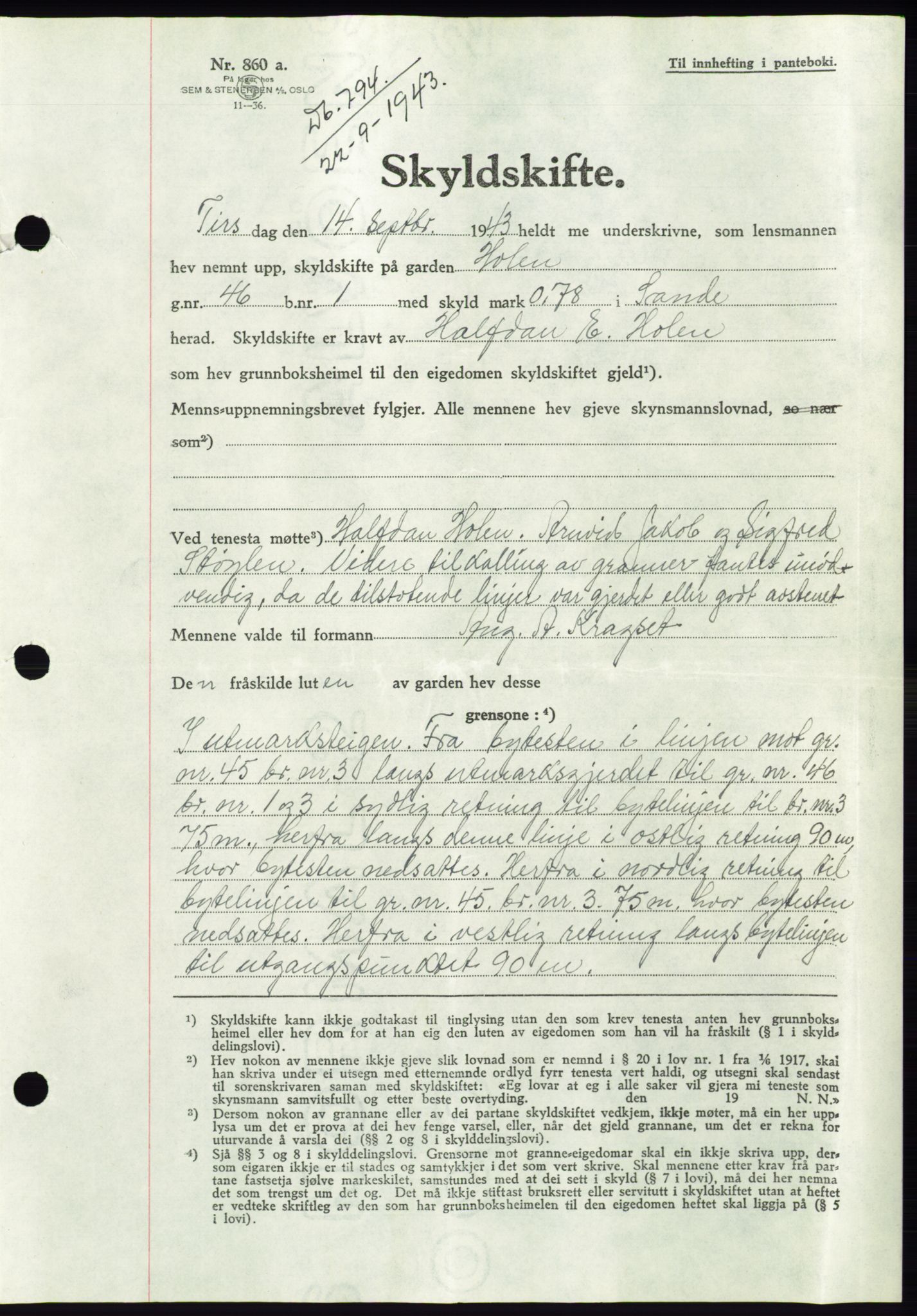 Søre Sunnmøre sorenskriveri, SAT/A-4122/1/2/2C/L0075: Pantebok nr. 1A, 1943-1943, Dagboknr: 794/1943