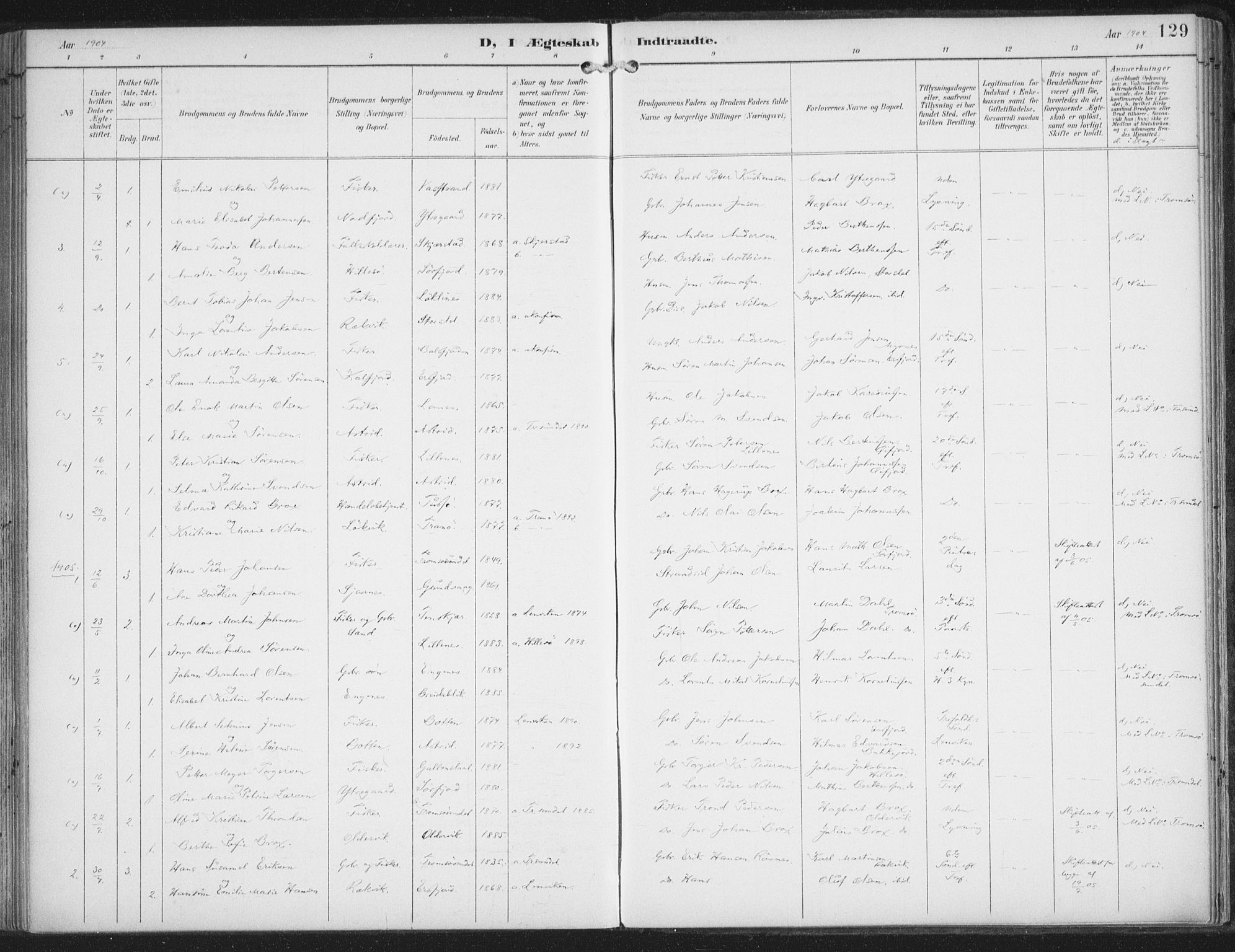 Lenvik sokneprestembete, AV/SATØ-S-1310/H/Ha/Haa/L0015kirke: Ministerialbok nr. 15, 1896-1915, s. 129