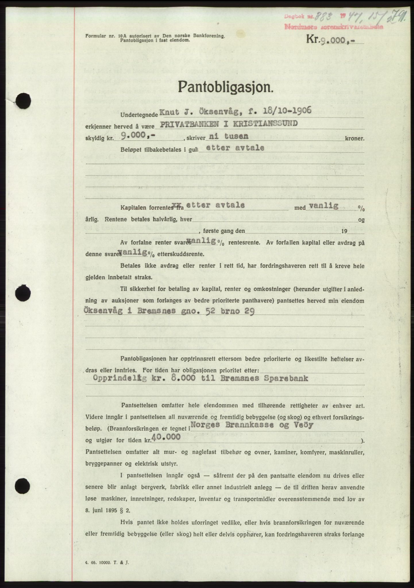Nordmøre sorenskriveri, SAT/A-4132/1/2/2Ca: Pantebok nr. B95, 1946-1947, Dagboknr: 383/1947