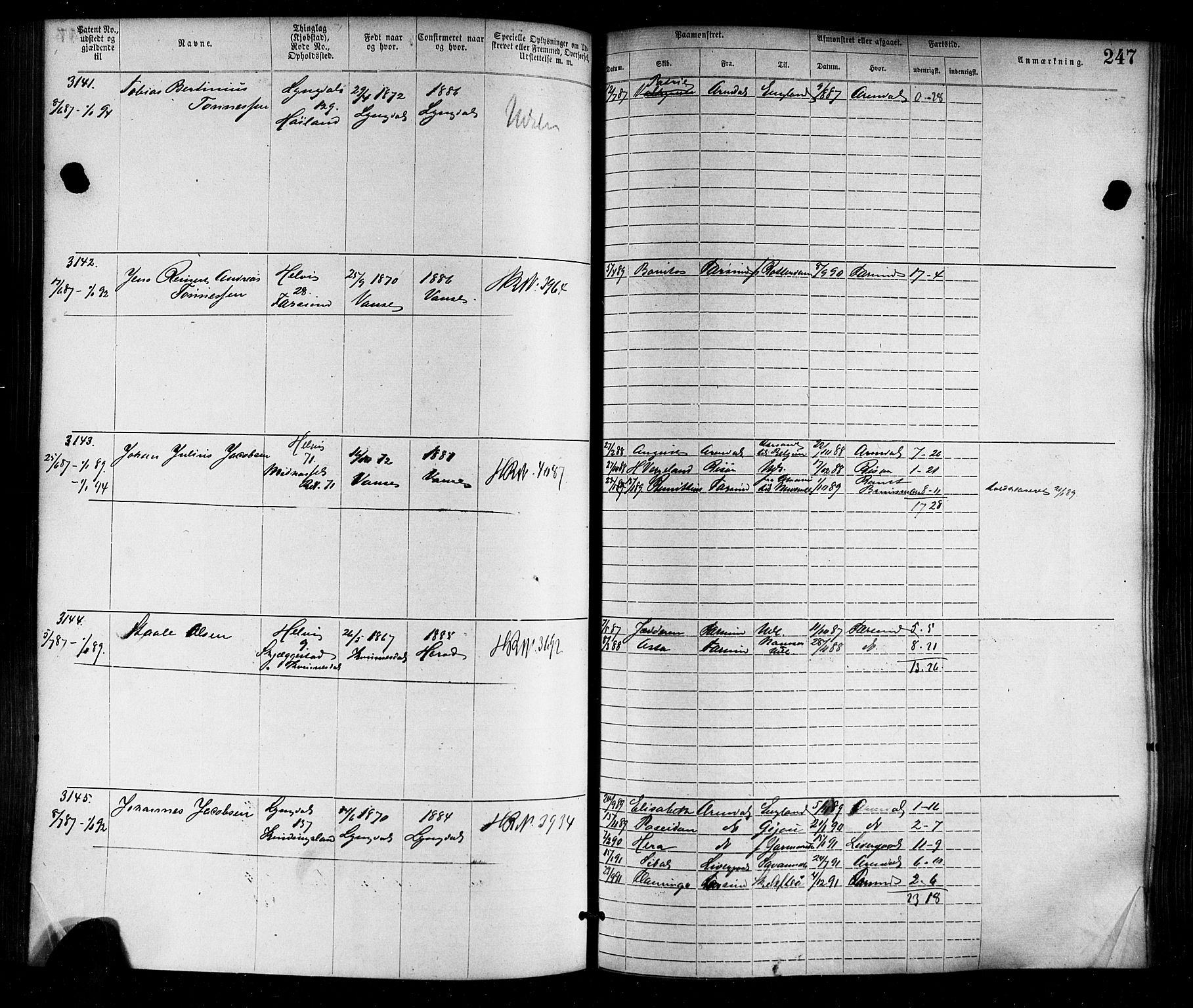 Farsund mønstringskrets, SAK/2031-0017/F/Fa/L0006: Annotasjonsrulle nr 1911-3805 med register, Z-3, 1877-1894, s. 279