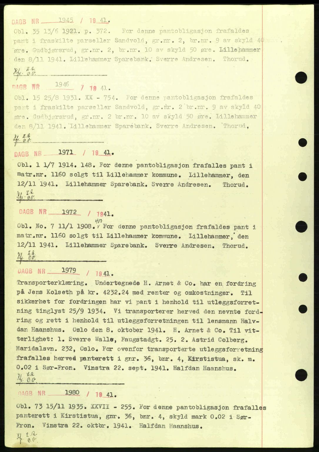 Sør-Gudbrandsdal tingrett, SAH/TING-004/H/Hb/Hbf/L0003: Pantebok nr. C5a, 1939-1946, Dagboknr: 1945/1941