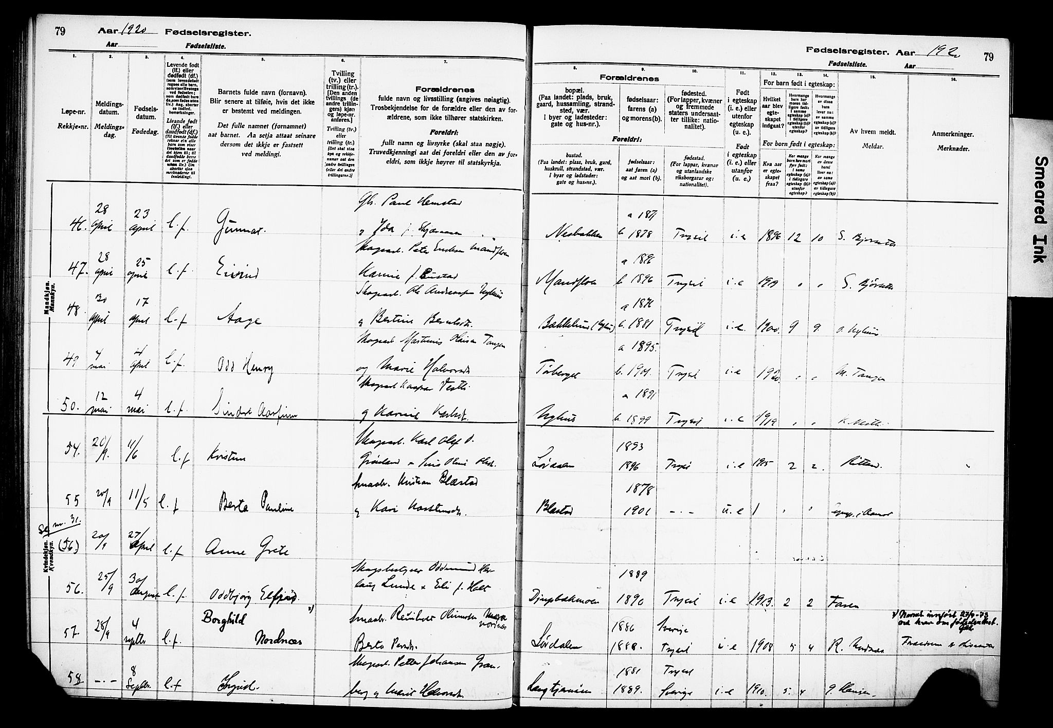 Trysil prestekontor, AV/SAH-PREST-046/I/Id/Ida/L0001: Fødselsregister nr. I 1, 1916-1927, s. 79