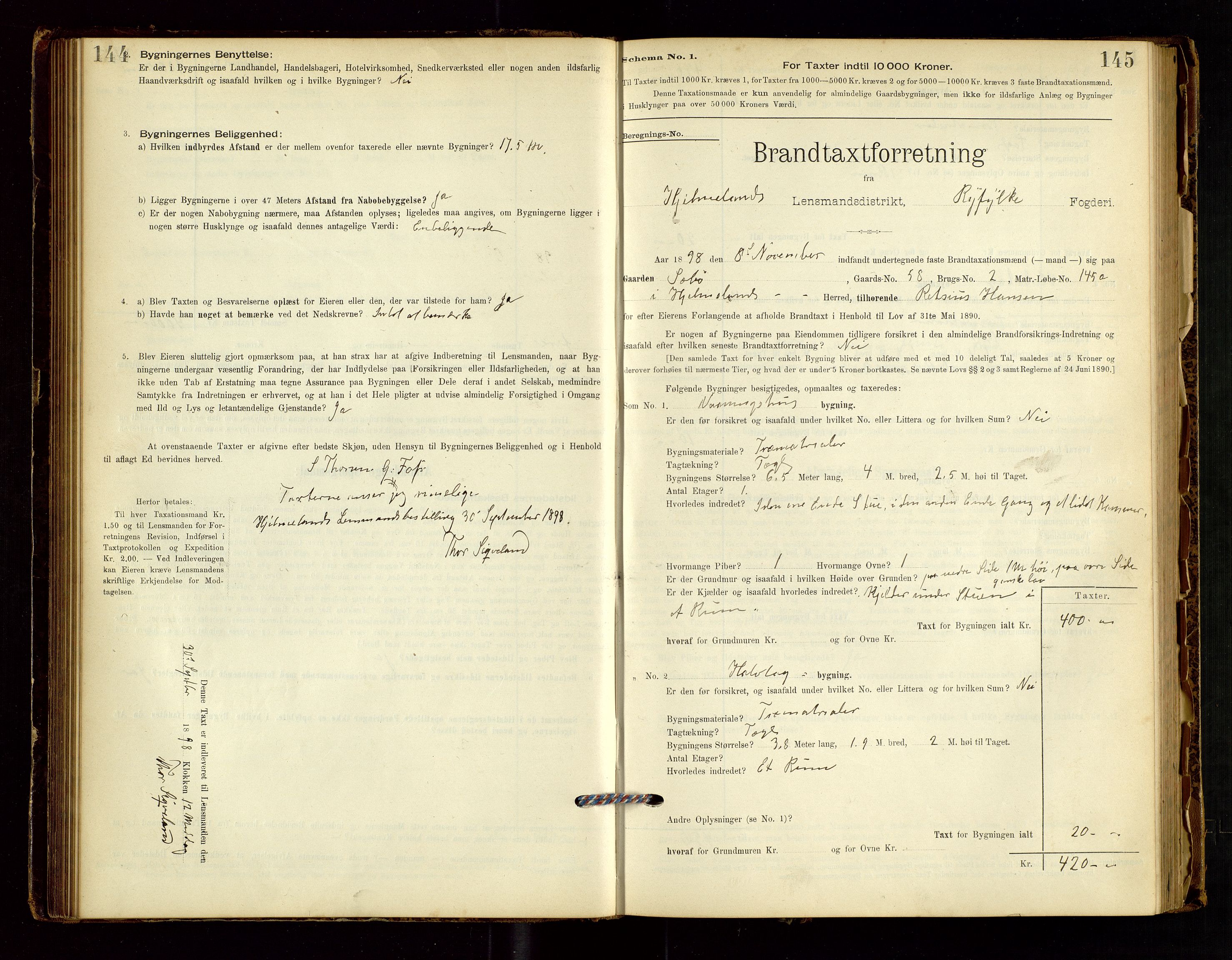 Hjelmeland lensmannskontor, AV/SAST-A-100439/Gob/L0001: "Brandtaxationsprotokol", 1895-1932, s. 144-145