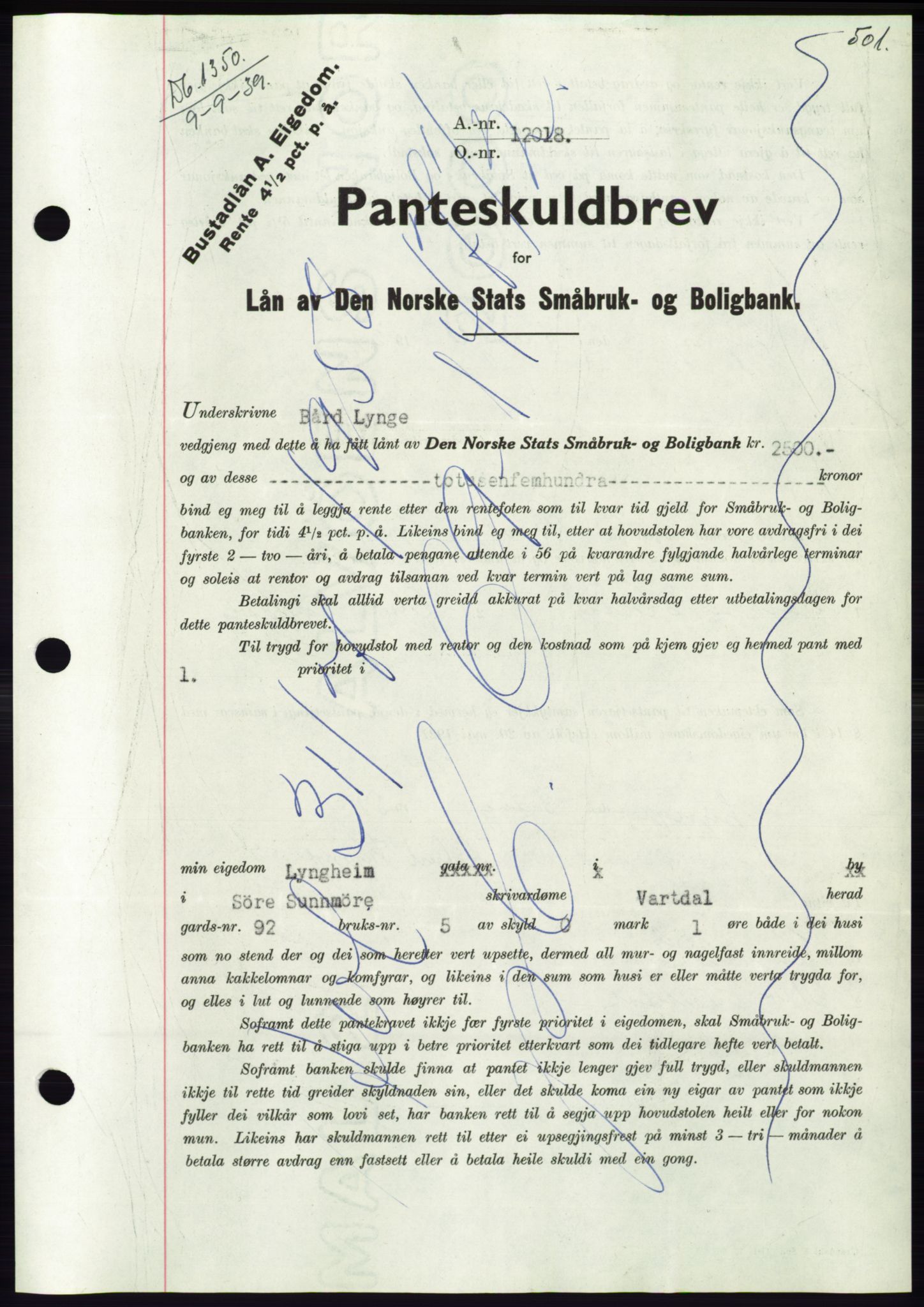 Søre Sunnmøre sorenskriveri, AV/SAT-A-4122/1/2/2C/L0068: Pantebok nr. 62, 1939-1939, Dagboknr: 1350/1939