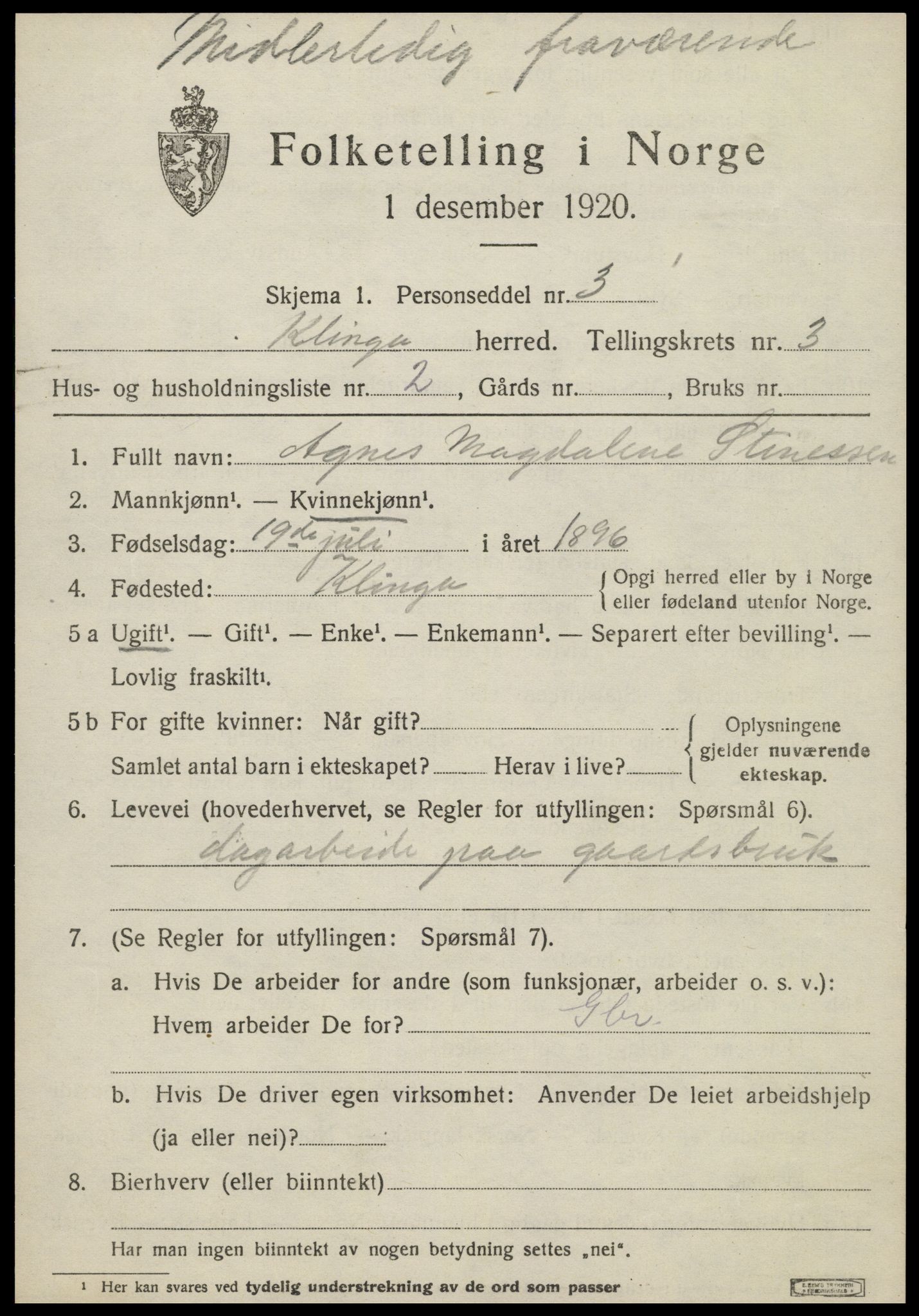 SAT, Folketelling 1920 for 1746 Klinga herred, 1920, s. 2083
