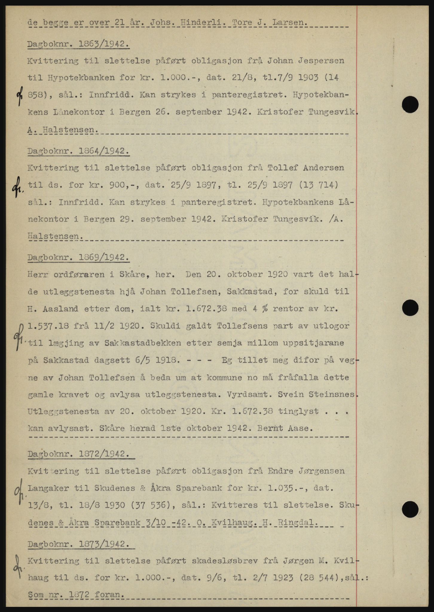 Karmsund sorenskriveri, SAST/A-100311/01/II/IIBBE/L0008: Pantebok nr. B 54, 1942-1943, Dagboknr: 1863/1942