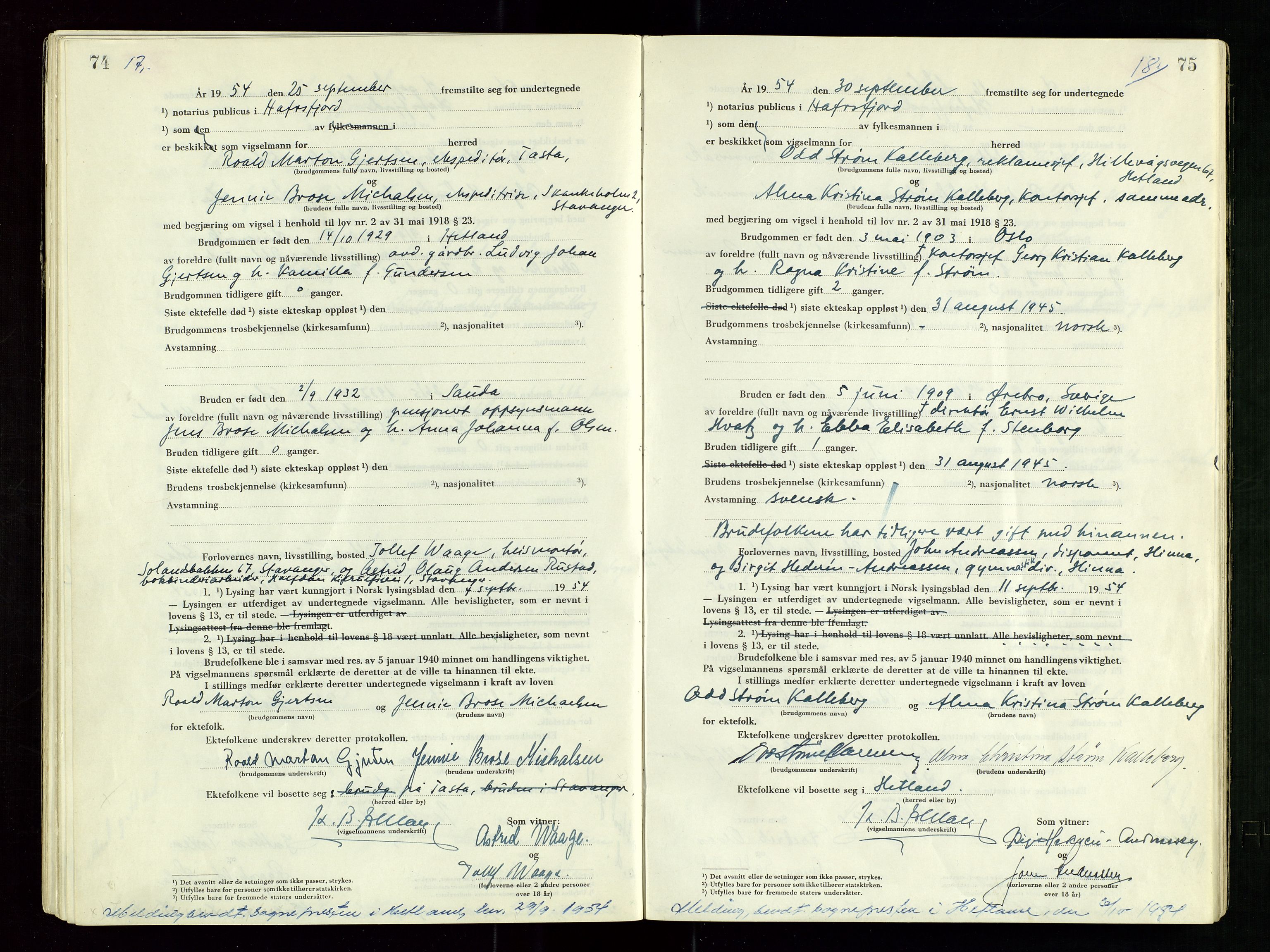 Hafrsfjord sorenskriveri, AV/SAST-A-100313/I/Ic/L0001: "Vigsels-bok", 1951-1959, s. 74-75