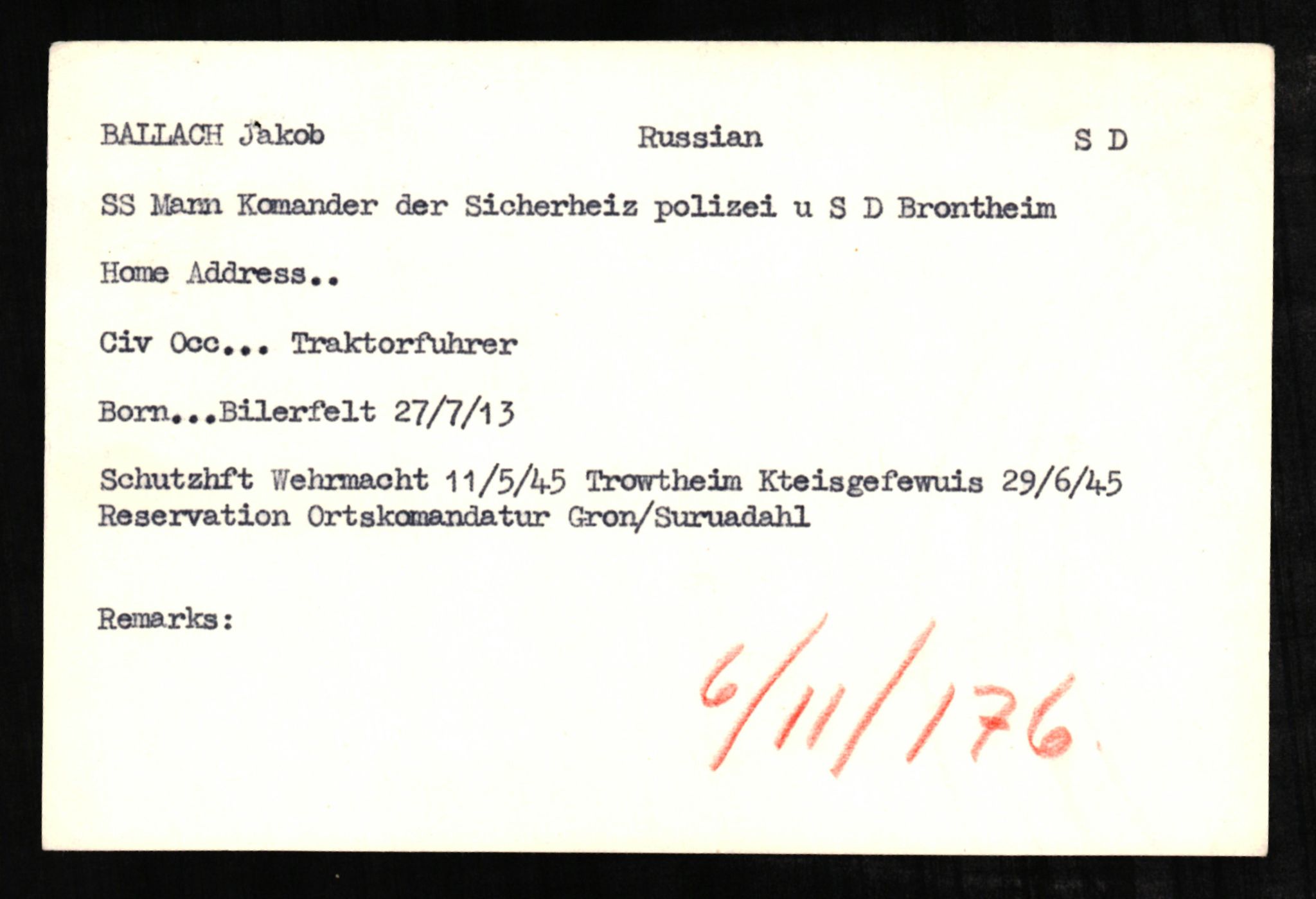 Forsvaret, Forsvarets overkommando II, RA/RAFA-3915/D/Db/L0002: CI Questionaires. Tyske okkupasjonsstyrker i Norge. Tyskere., 1945-1946, s. 2