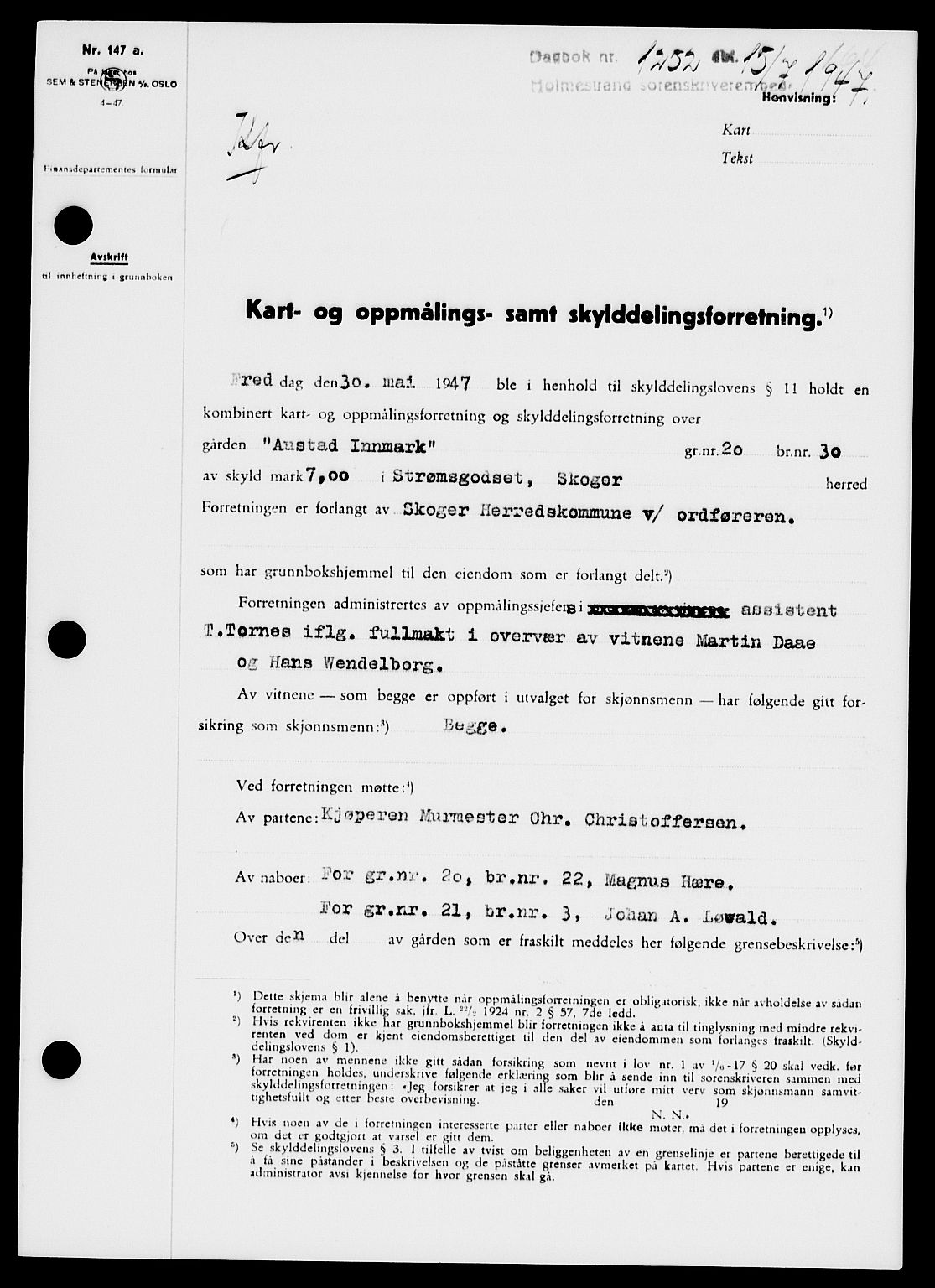 Holmestrand sorenskriveri, SAKO/A-67/G/Ga/Gaa/L0062: Pantebok nr. A-62, 1947-1947, Dagboknr: 1252/1947
