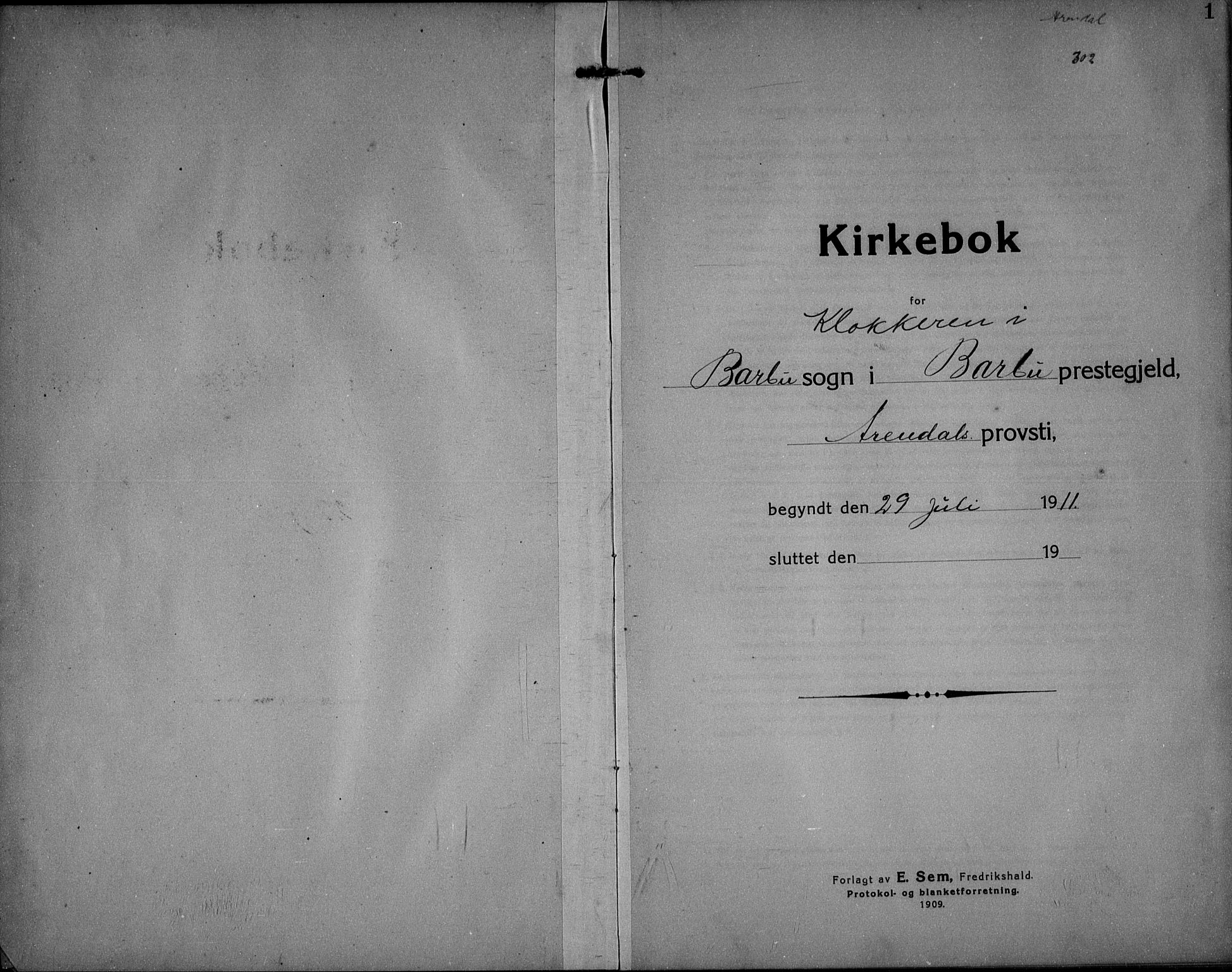 Barbu sokneprestkontor, SAK/1111-0003/F/Fb/L0004: Klokkerbok nr. B 4, 1911-1936, s. 1