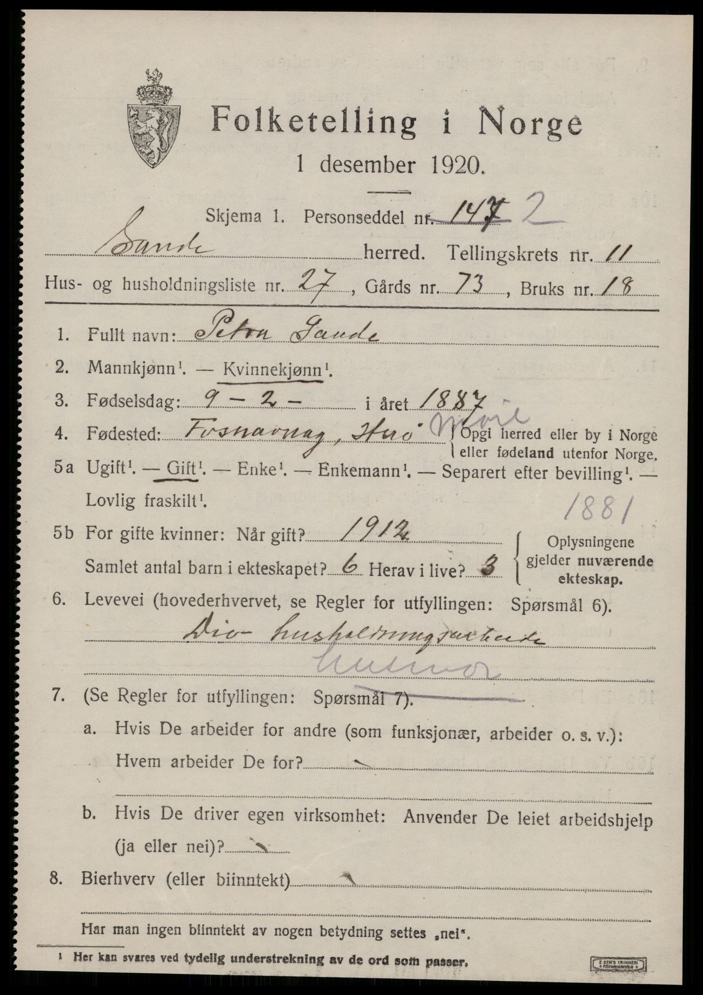 SAT, Folketelling 1920 for 1514 Sande herred, 1920, s. 6026