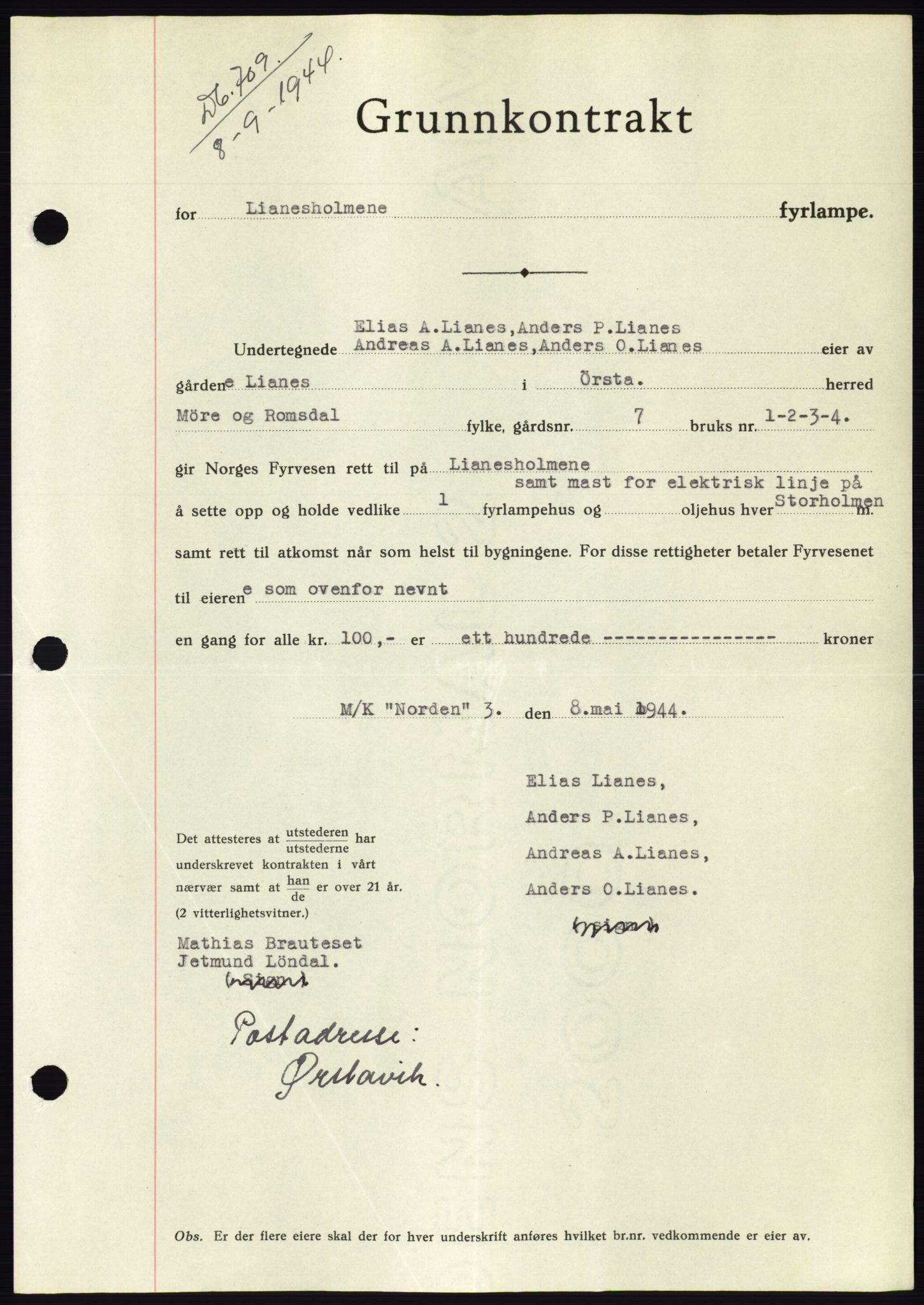 Søre Sunnmøre sorenskriveri, SAT/A-4122/1/2/2C/L0076: Pantebok nr. 2A, 1943-1944, Dagboknr: 709/1944