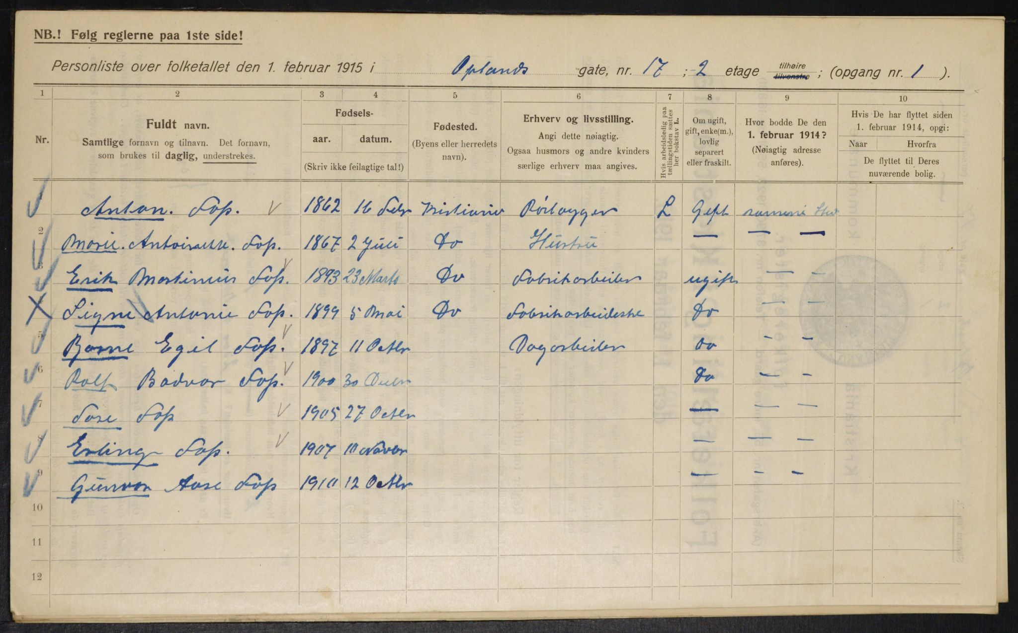 OBA, Kommunal folketelling 1.2.1915 for Kristiania, 1915, s. 75375