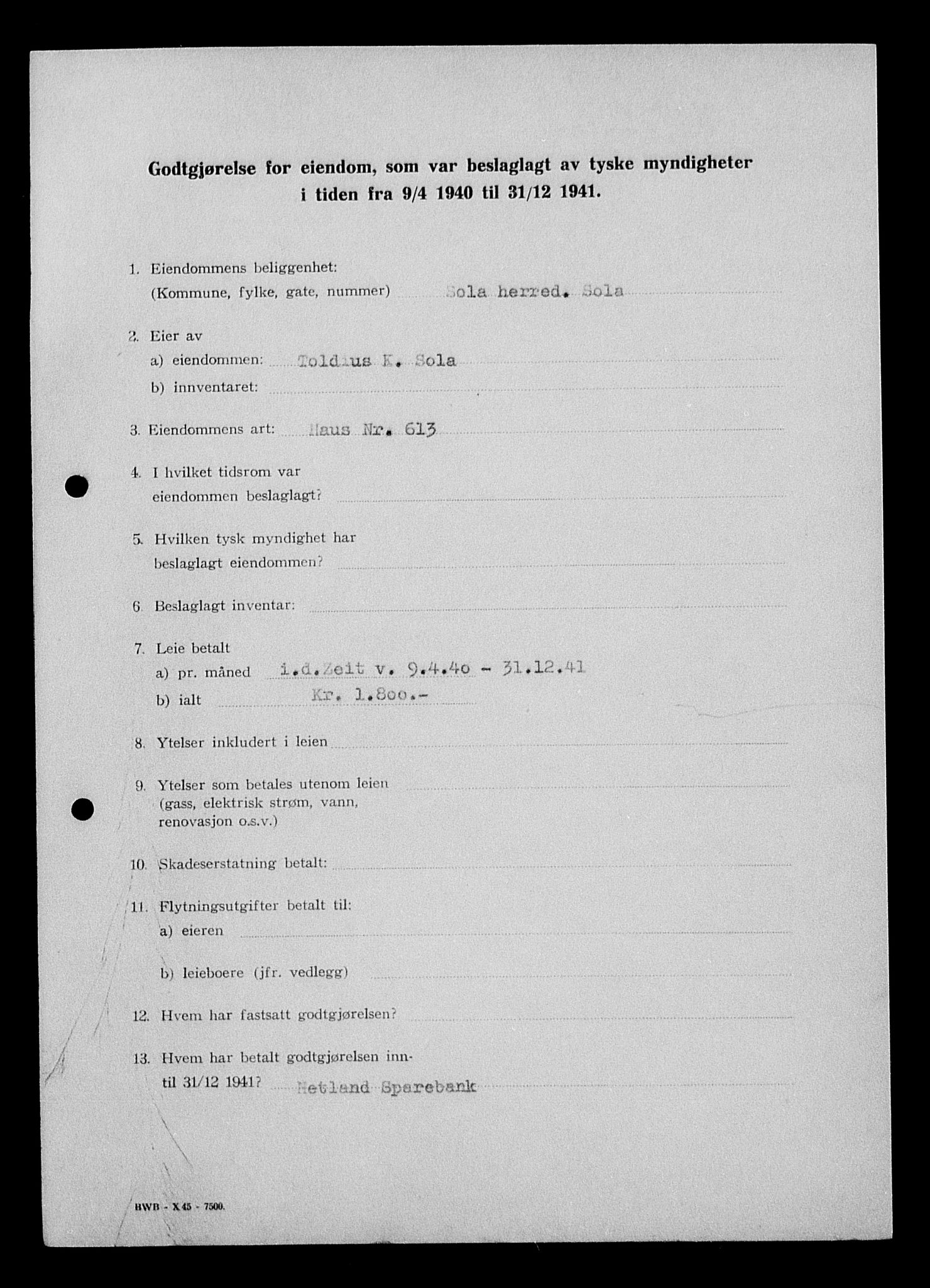 Justisdepartementet, Tilbakeføringskontoret for inndratte formuer, AV/RA-S-1564/I/L1015: Godtgjørelse for beslaglagt eiendom, 1940-1941, s. 261