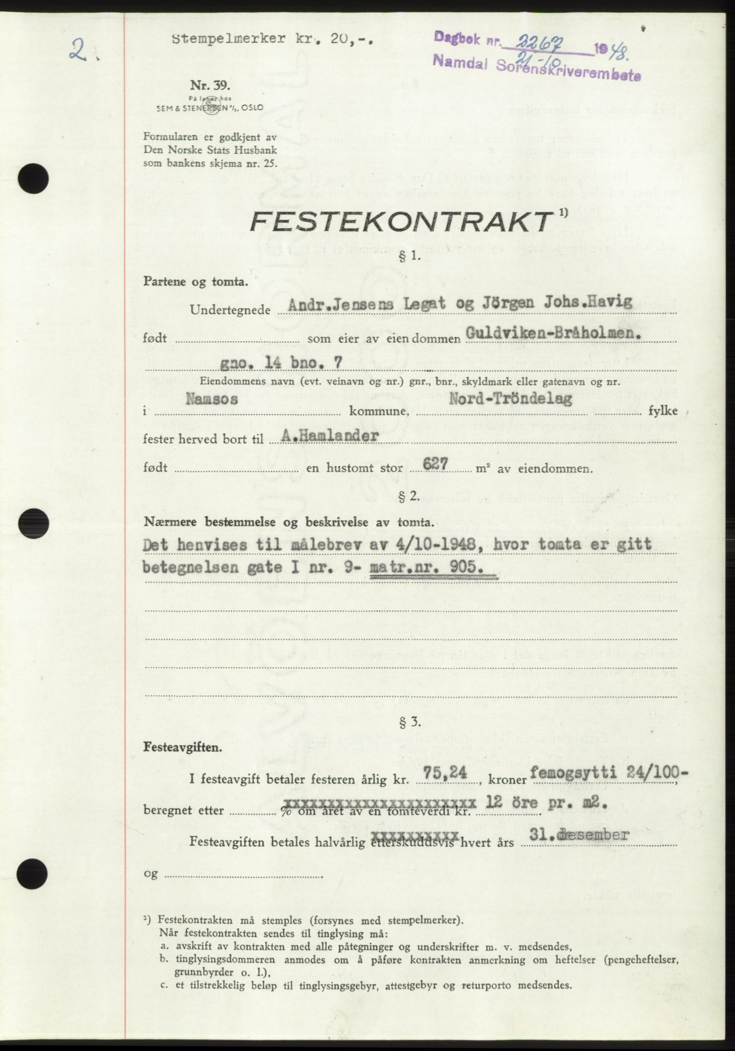 Namdal sorenskriveri, SAT/A-4133/1/2/2C: Pantebok nr. -, 1948-1948, Dagboknr: 2267/1948