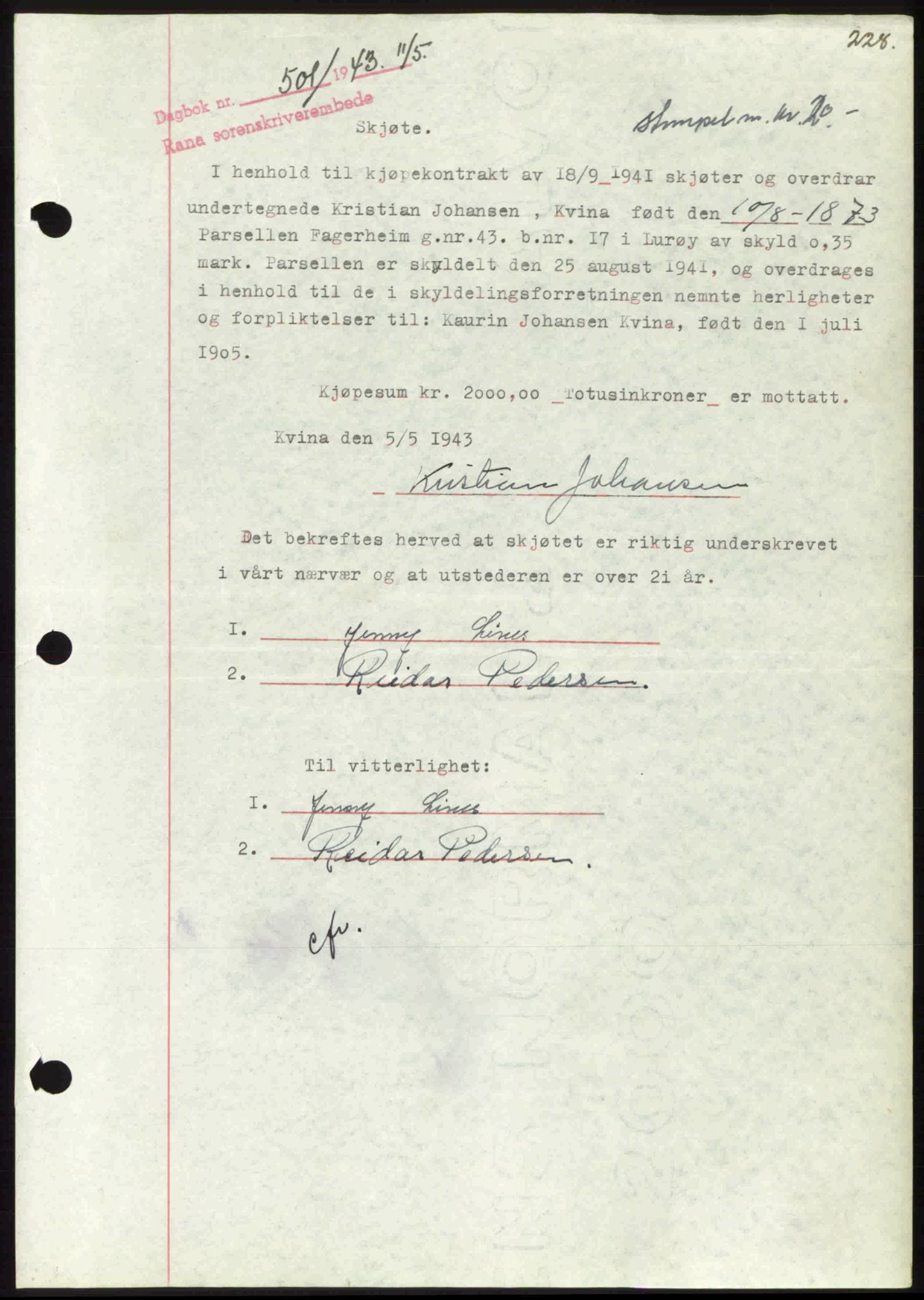Rana sorenskriveri , SAT/A-1108/1/2/2C: Pantebok nr. A 10, 1942-1943, Dagboknr: 501/1943