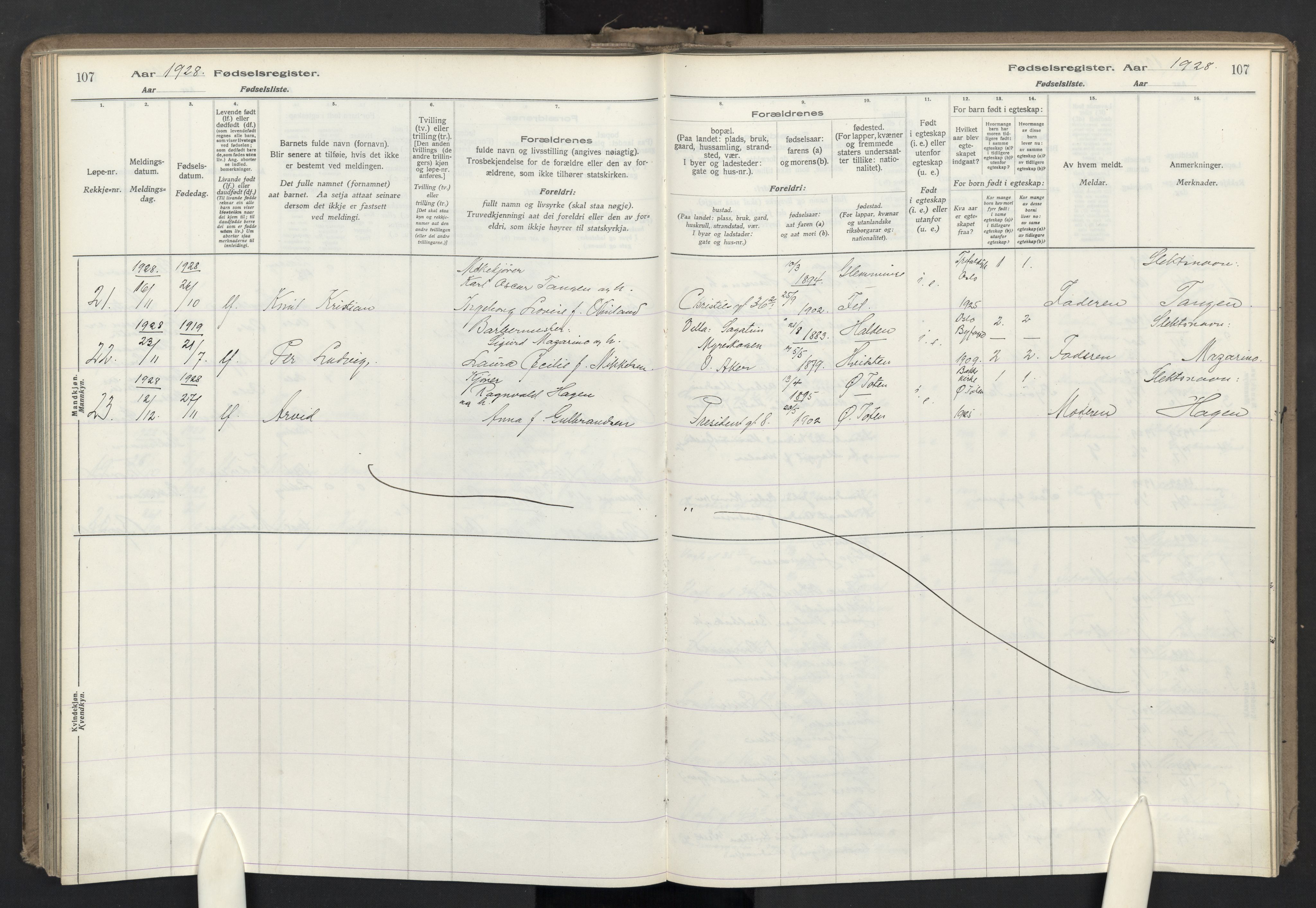 Lilleborg prestekontor Kirkebøker, AV/SAO-A-10343a/J/L0001: Fødselsregister nr. 1, 1917-1944, s. 107