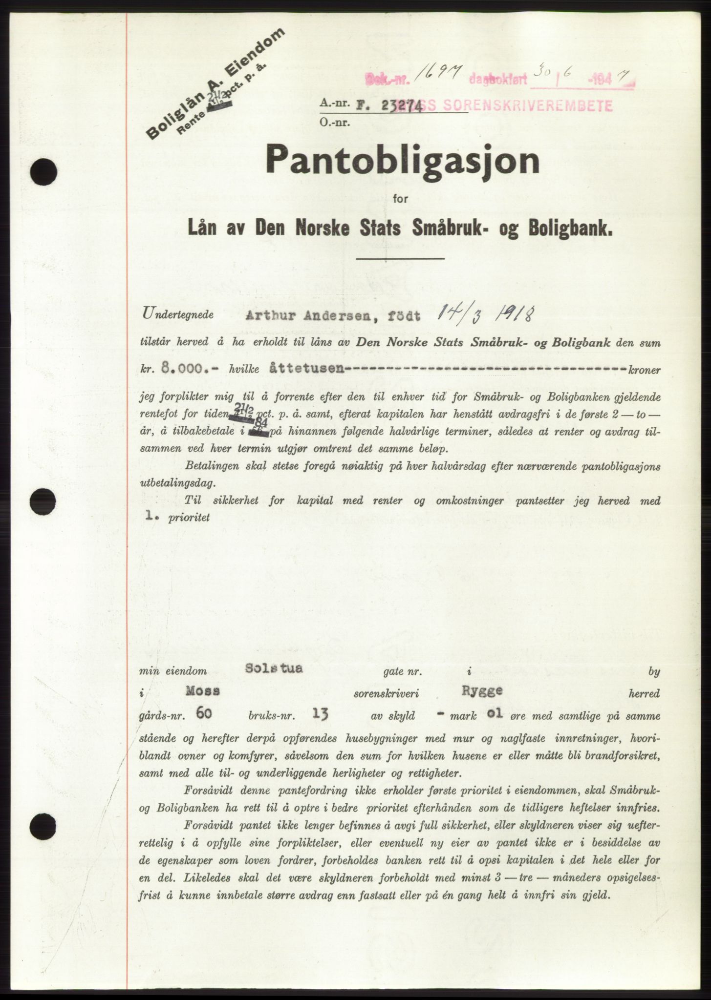 Moss sorenskriveri, SAO/A-10168: Pantebok nr. B17, 1947-1947, Dagboknr: 1697/1947