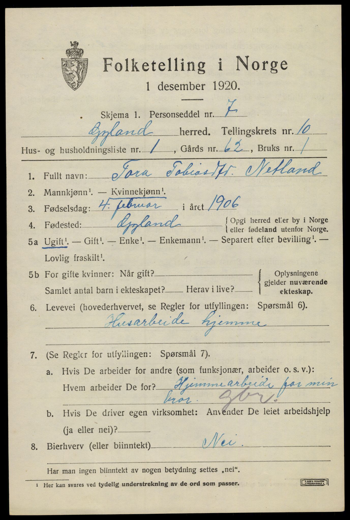 SAK, Folketelling 1920 for 1044 Gyland herred, 1920, s. 2184