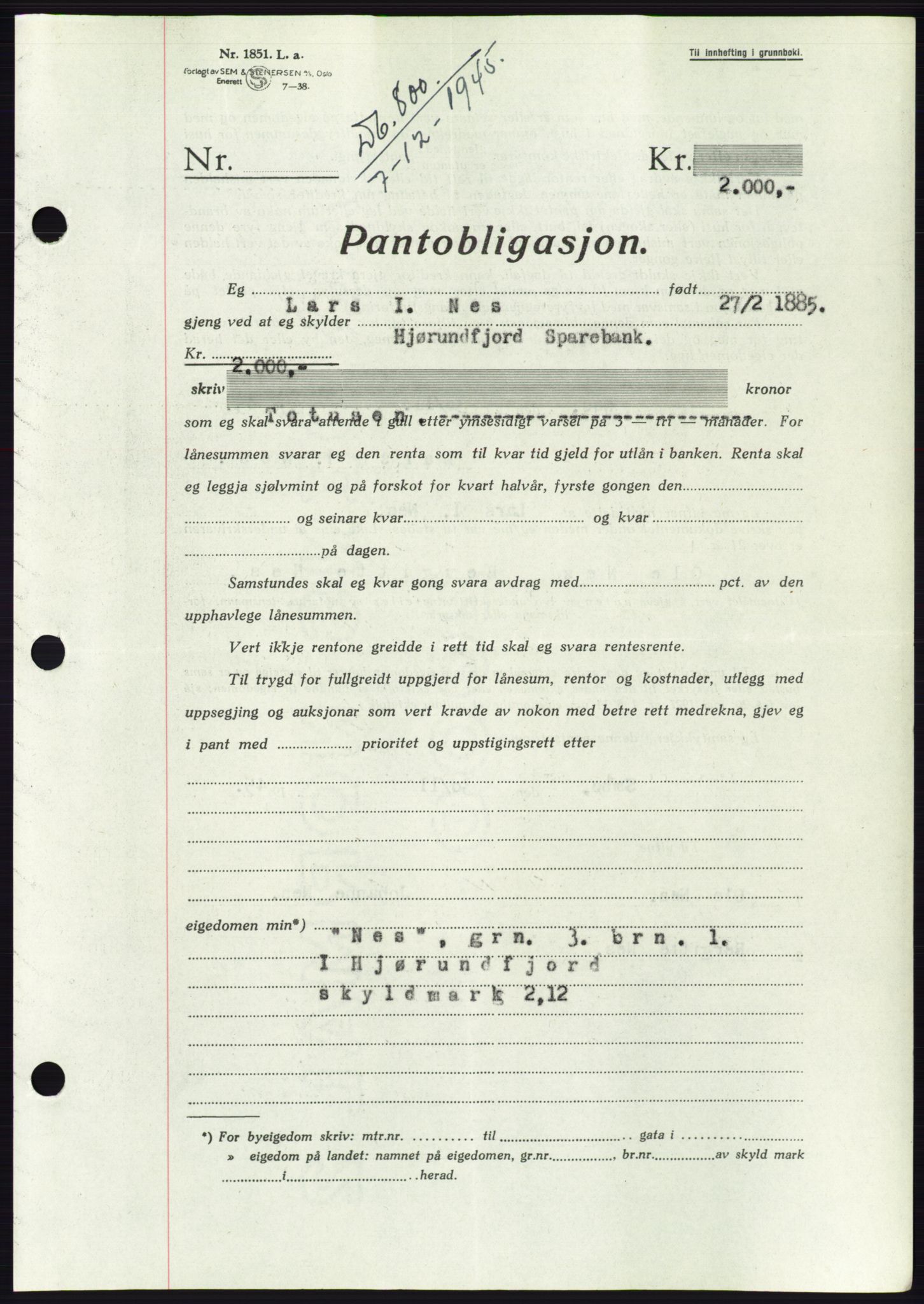 Søre Sunnmøre sorenskriveri, AV/SAT-A-4122/1/2/2C/L0114: Pantebok nr. 1-2B, 1943-1947, Dagboknr: 800/1945