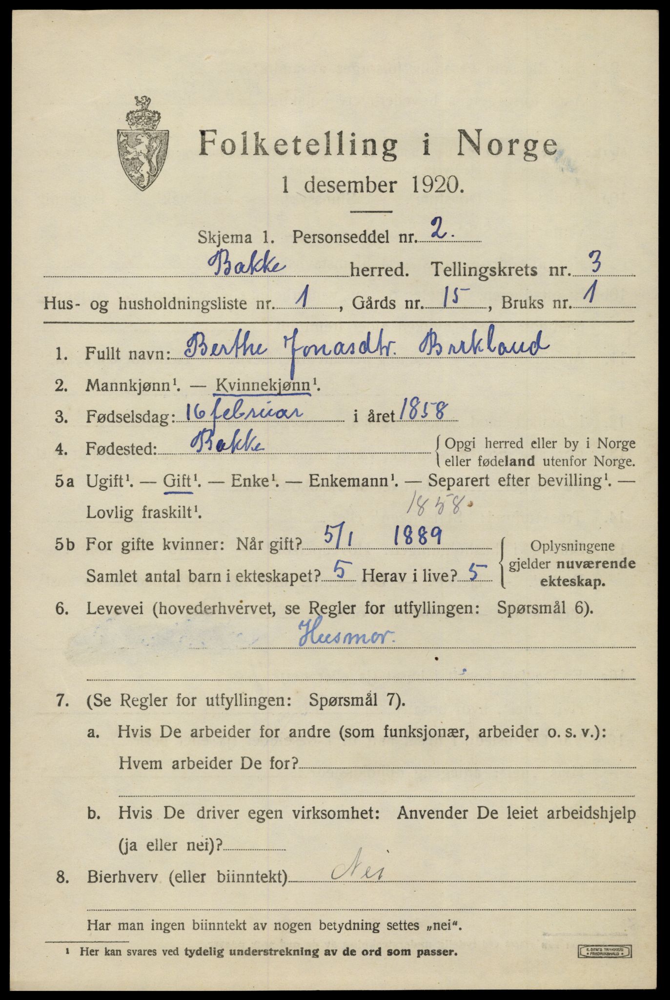 SAK, Folketelling 1920 for 1045 Bakke herred, 1920, s. 984