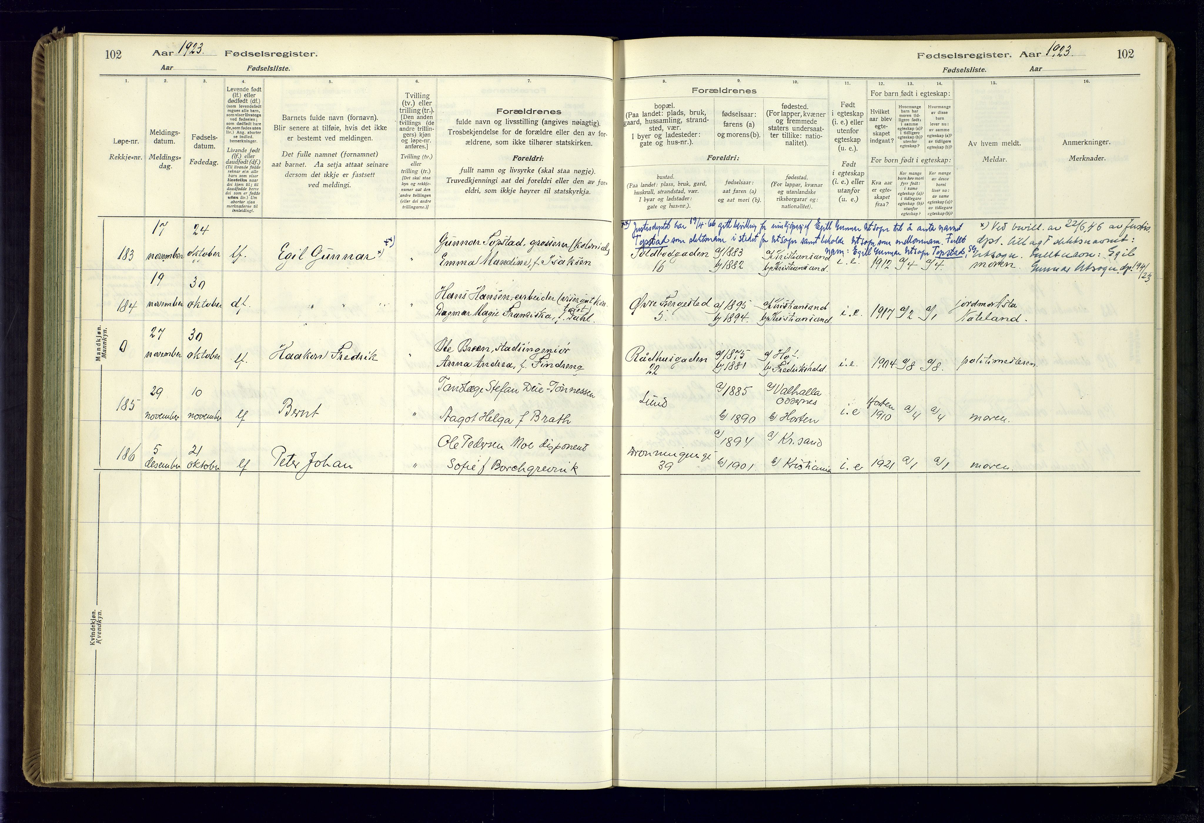 Kristiansand domprosti, AV/SAK-1112-0006/J/Jc/L0002: Fødselsregister nr. A-VI-46, 1921-1926, s. 102