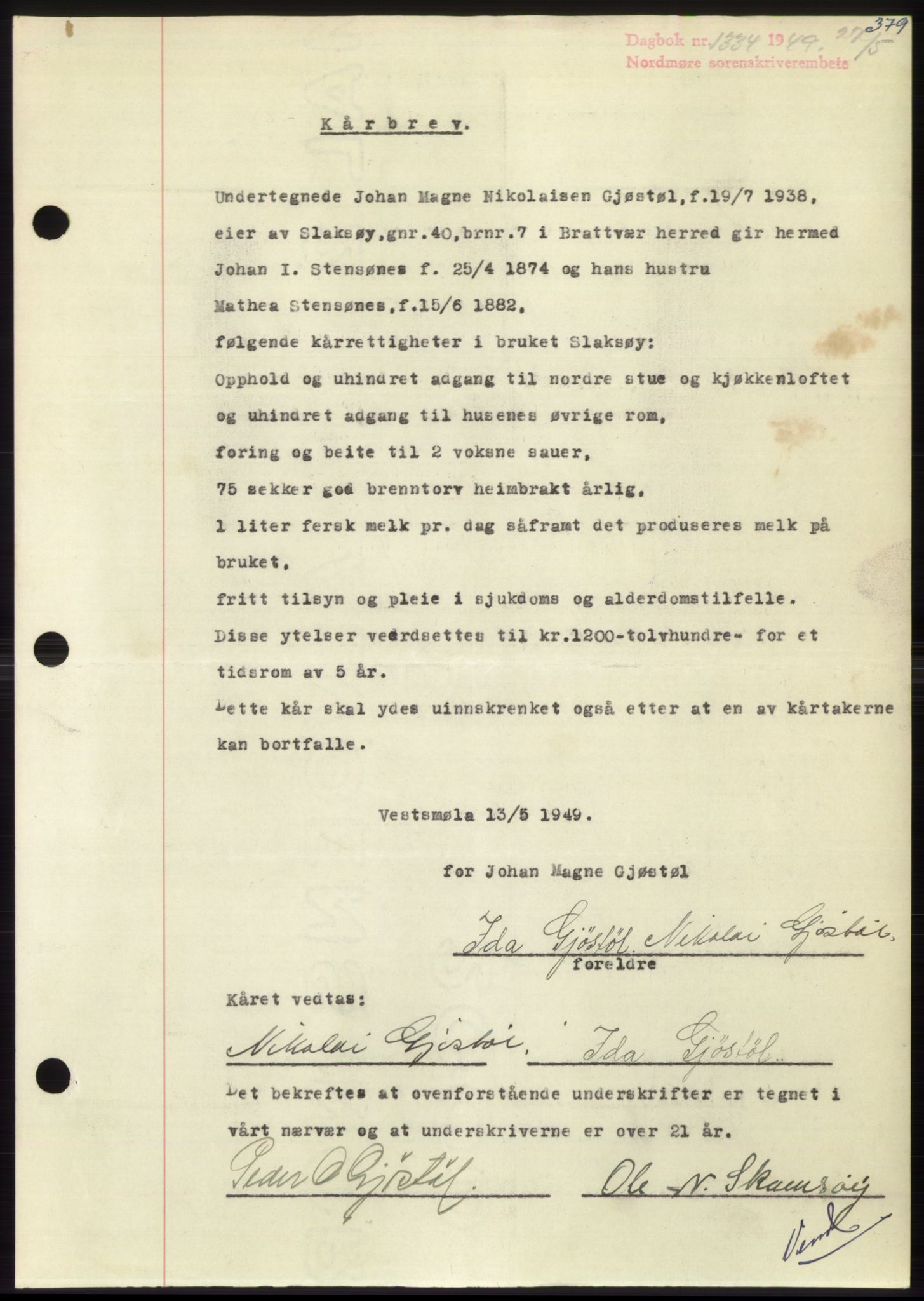 Nordmøre sorenskriveri, SAT/A-4132/1/2/2Ca: Pantebok nr. B101, 1949-1949, Dagboknr: 1334/1949