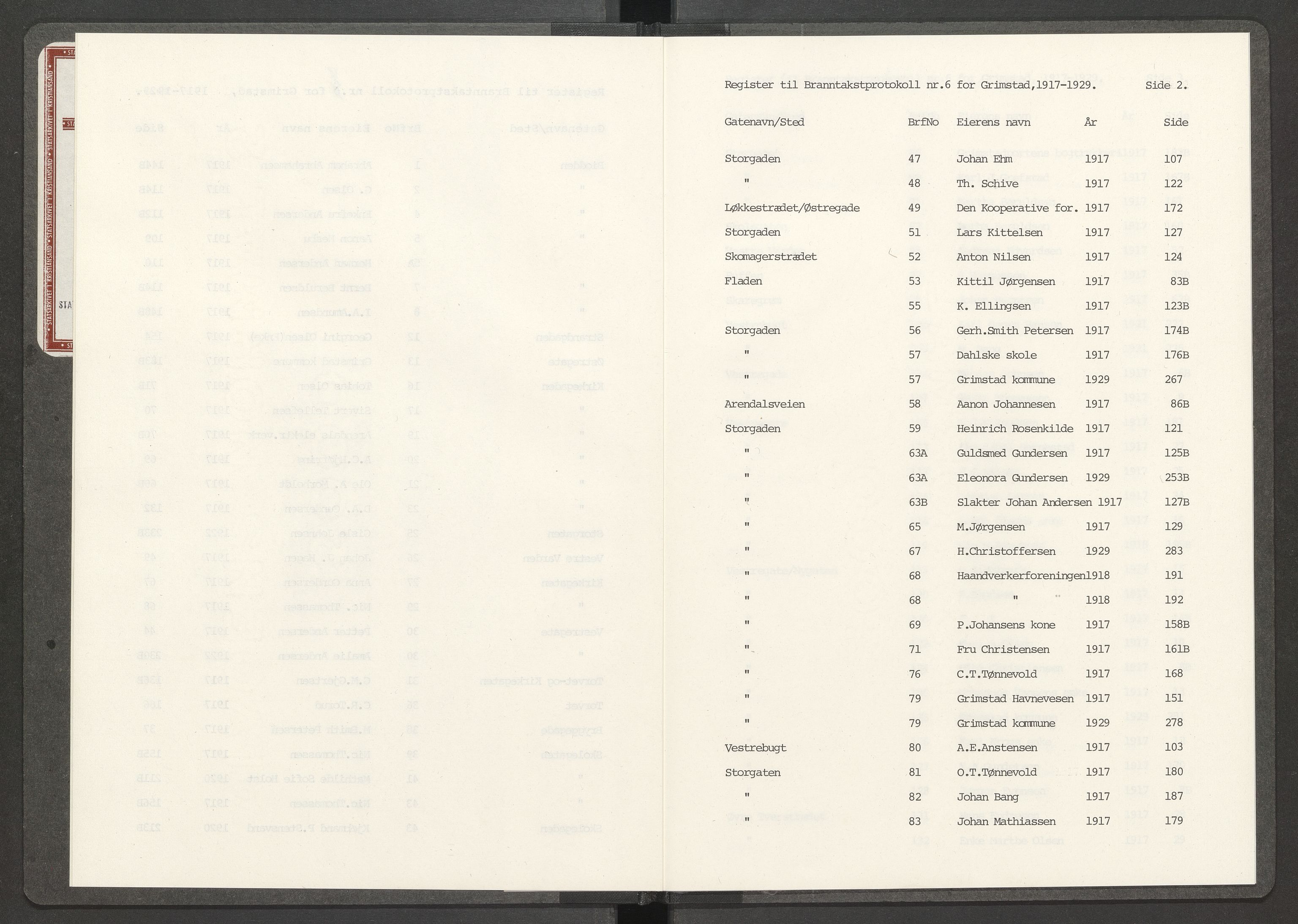 Norges Brannkasse Grimstad, AV/SAK-2241-0018/F/Fa/L0011: Løst register over brannforsikringsnummer og gatenavn til branntakstprotokoll nr. 8, 1917-1929