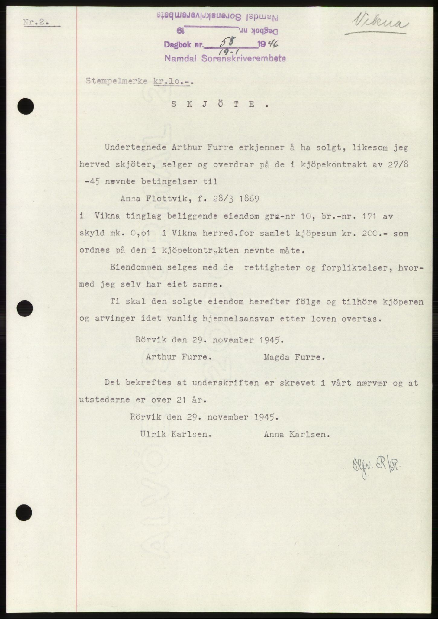 Namdal sorenskriveri, SAT/A-4133/1/2/2C: Pantebok nr. -, 1946-1946, Dagboknr: 58/1946