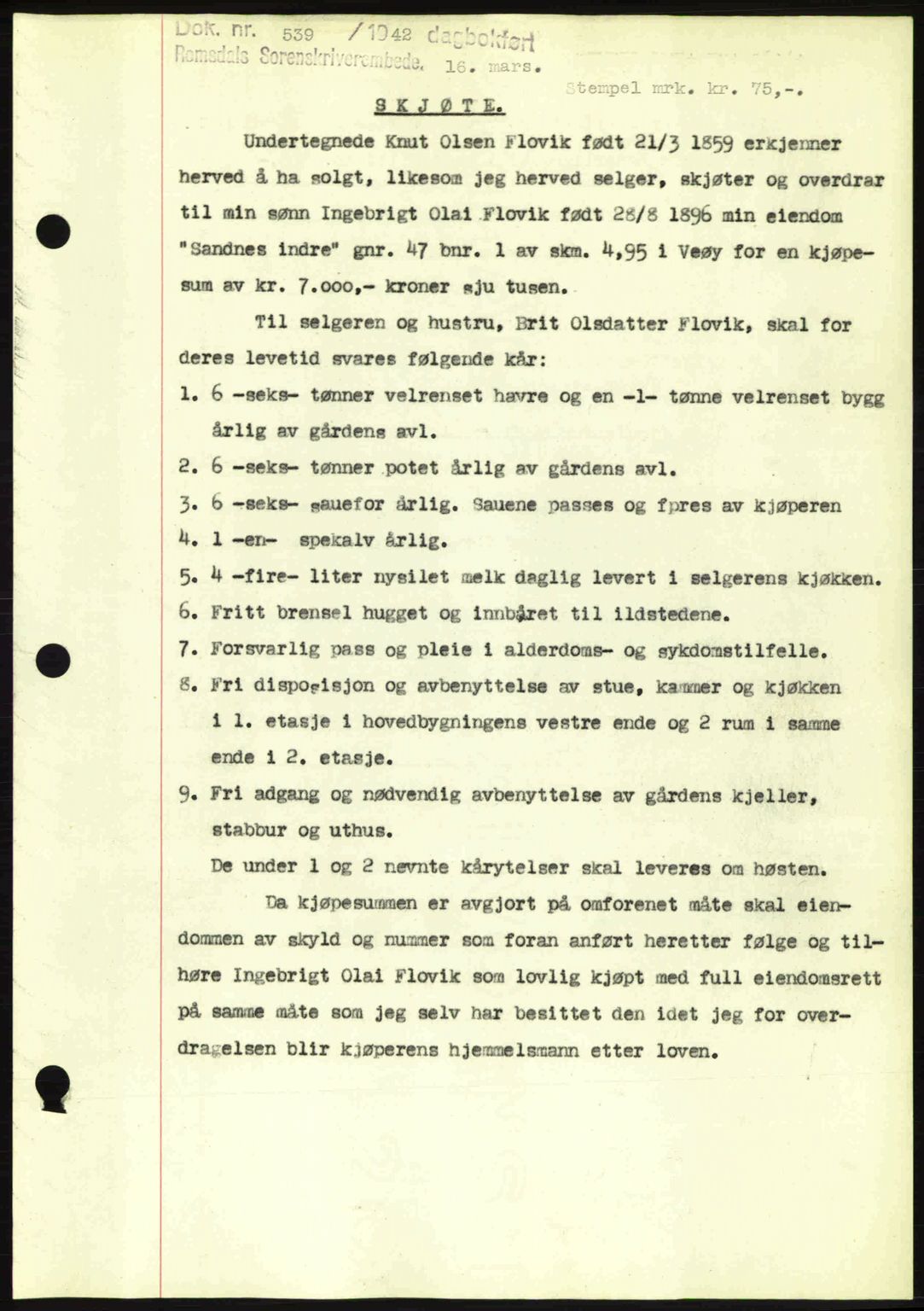 Romsdal sorenskriveri, SAT/A-4149/1/2/2C: Pantebok nr. A12, 1942-1942, Dagboknr: 539/1942
