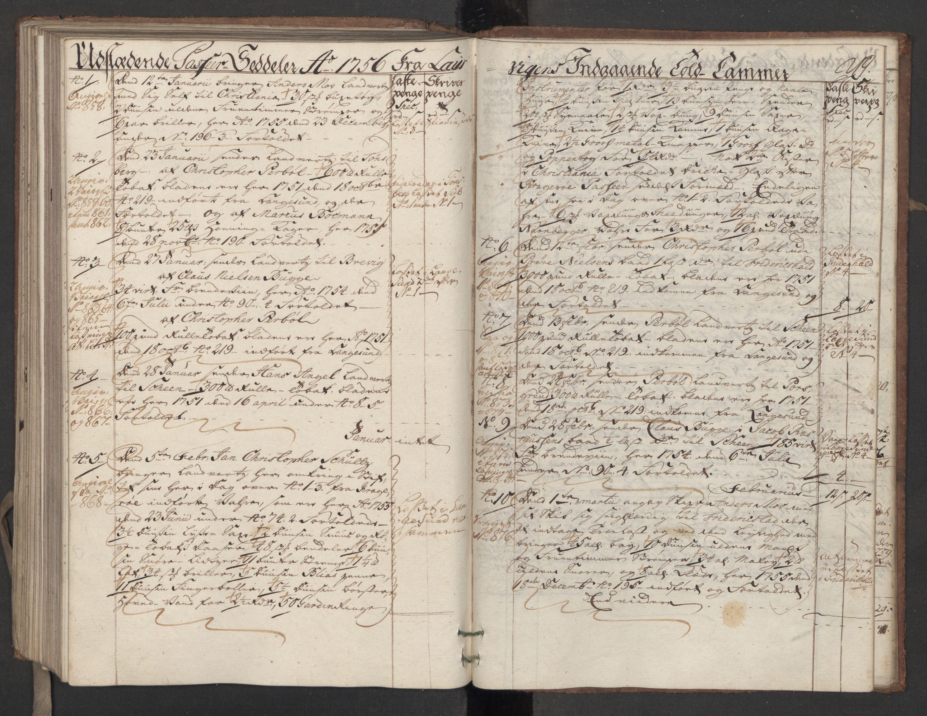 Generaltollkammeret, tollregnskaper, AV/RA-EA-5490/R11/L0026/0001: Tollregnskaper Larvik og Sandefjord / Inngående hovedtollbok, 1756, s. 218b-219a