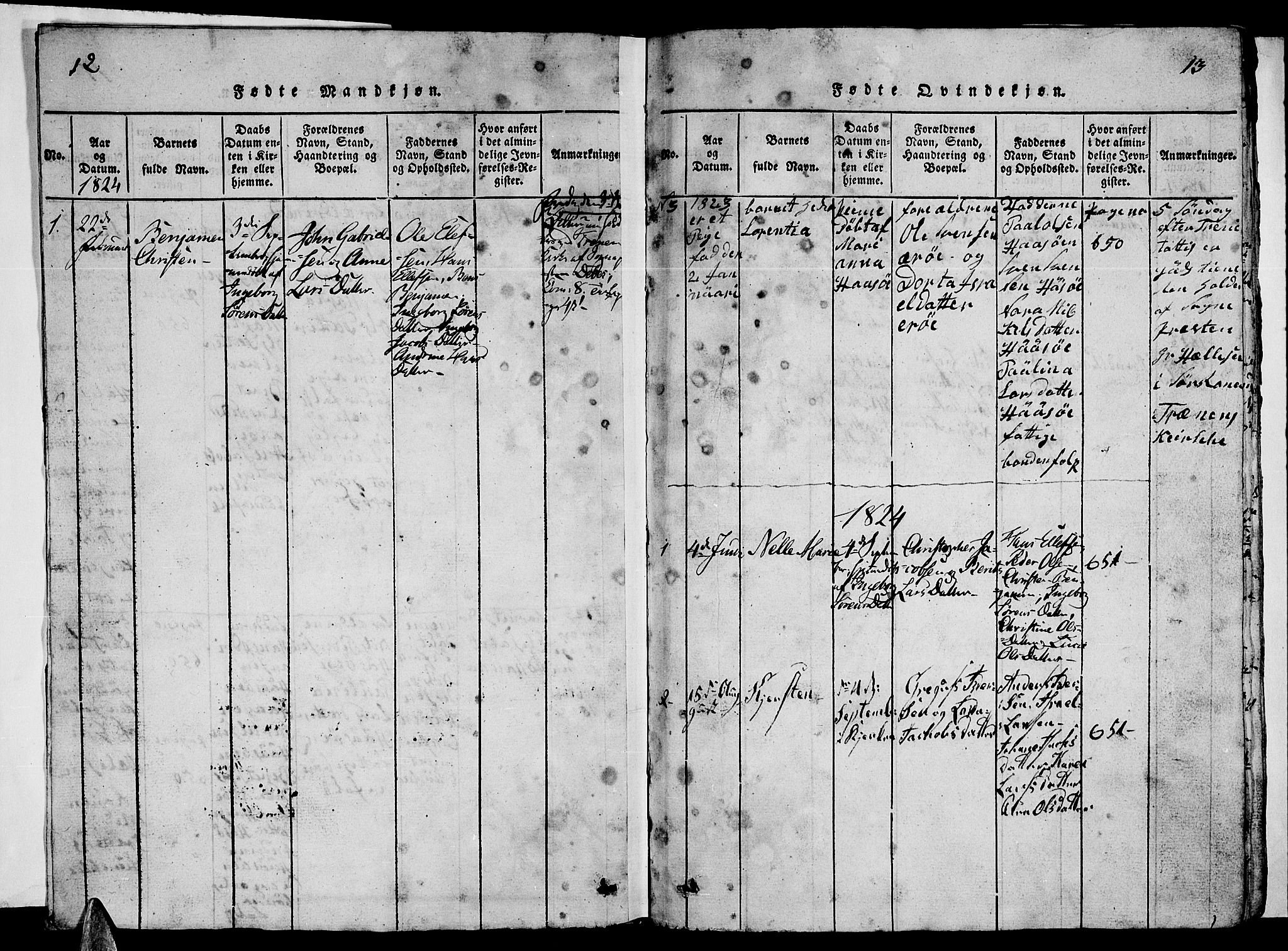 Ministerialprotokoller, klokkerbøker og fødselsregistre - Nordland, AV/SAT-A-1459/840/L0581: Klokkerbok nr. 840C01, 1820-1873, s. 12-13