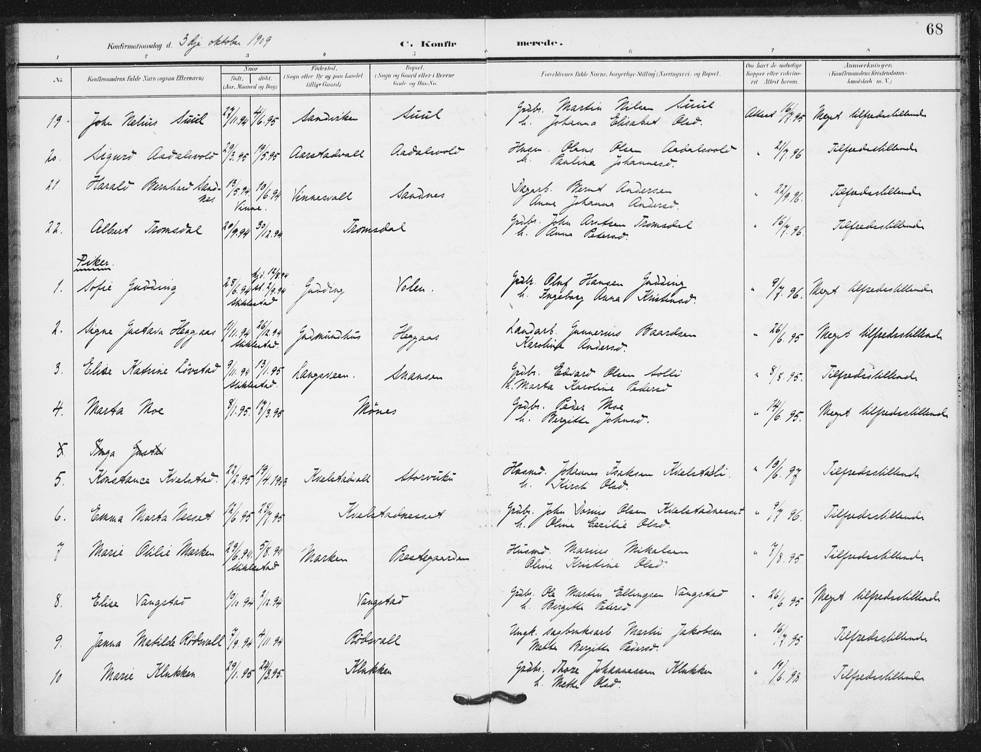 Ministerialprotokoller, klokkerbøker og fødselsregistre - Nord-Trøndelag, SAT/A-1458/724/L0264: Ministerialbok nr. 724A02, 1908-1915, s. 68
