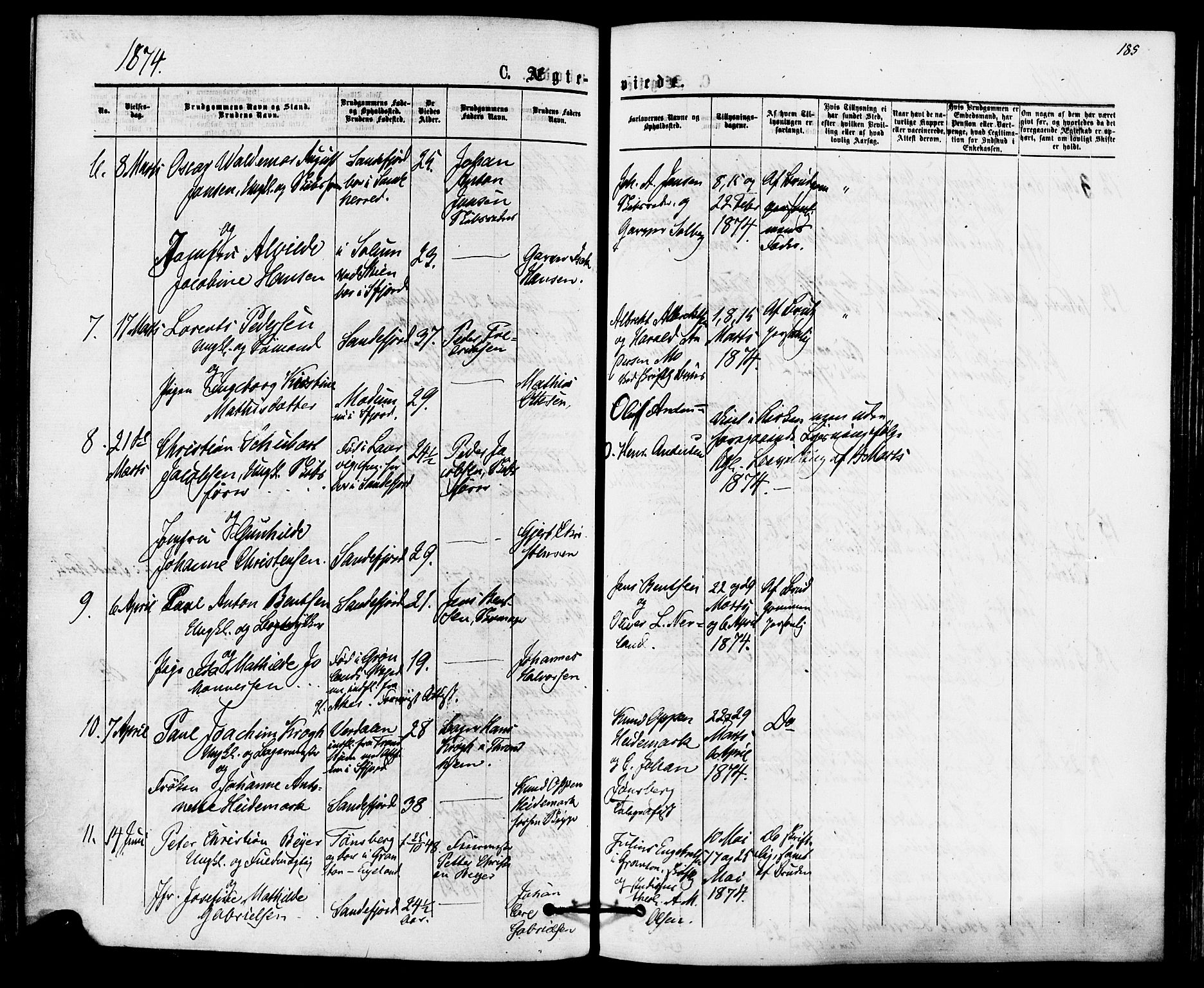 Sandefjord kirkebøker, AV/SAKO-A-315/F/Fa/L0001: Ministerialbok nr. 1, 1873-1879, s. 185