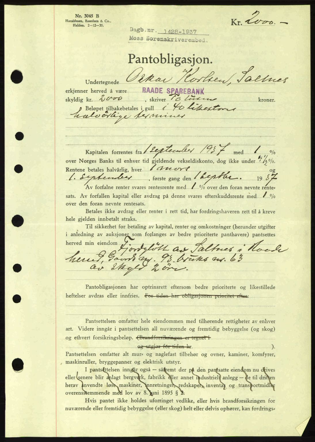 Moss sorenskriveri, SAO/A-10168: Pantebok nr. B4, 1937-1938, Dagboknr: 1428/1937