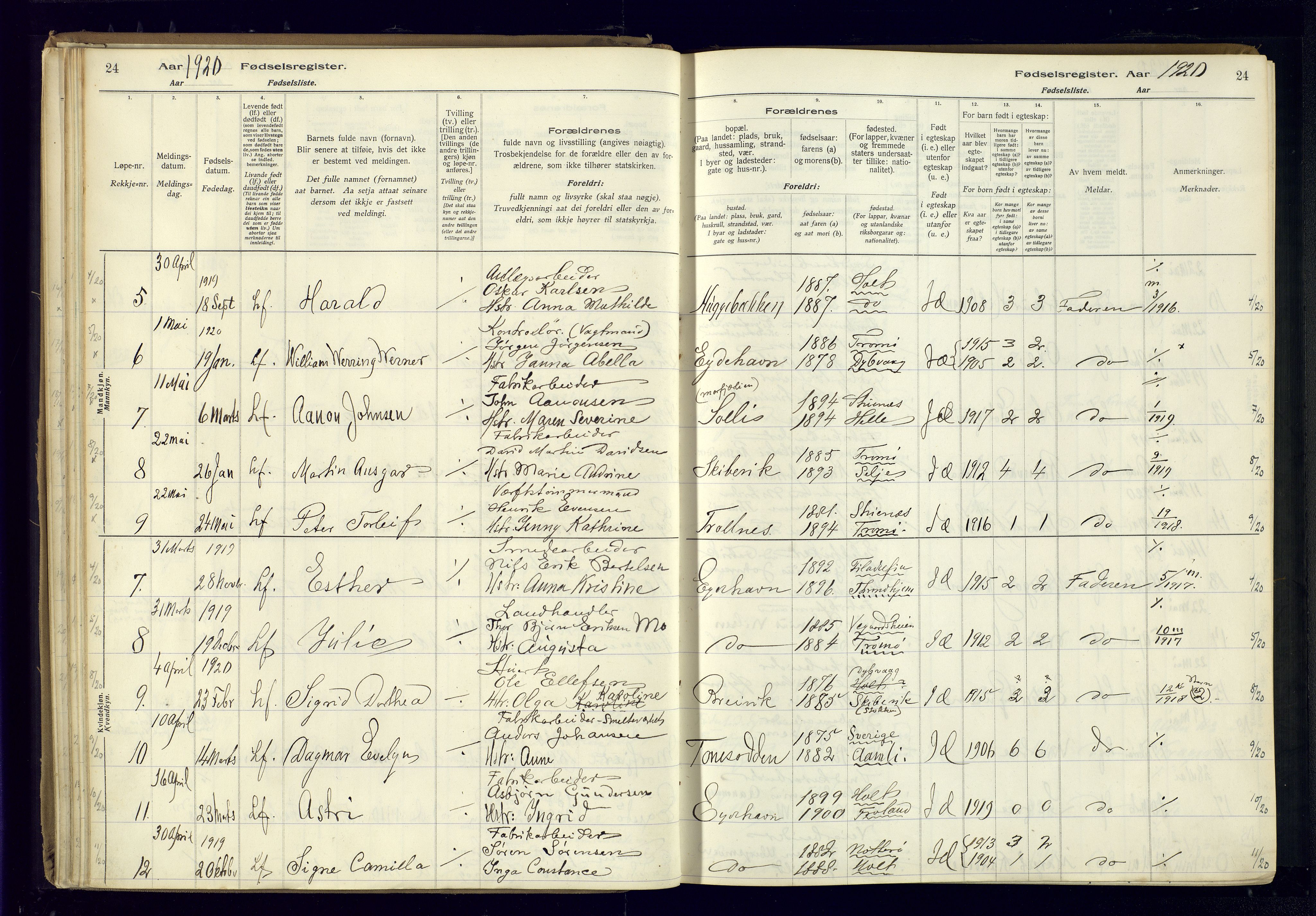 Austre Moland sokneprestkontor, SAK/1111-0001/J/Ja/L0003: Fødselsregister nr. A-VI-27, 1916-1950, s. 24