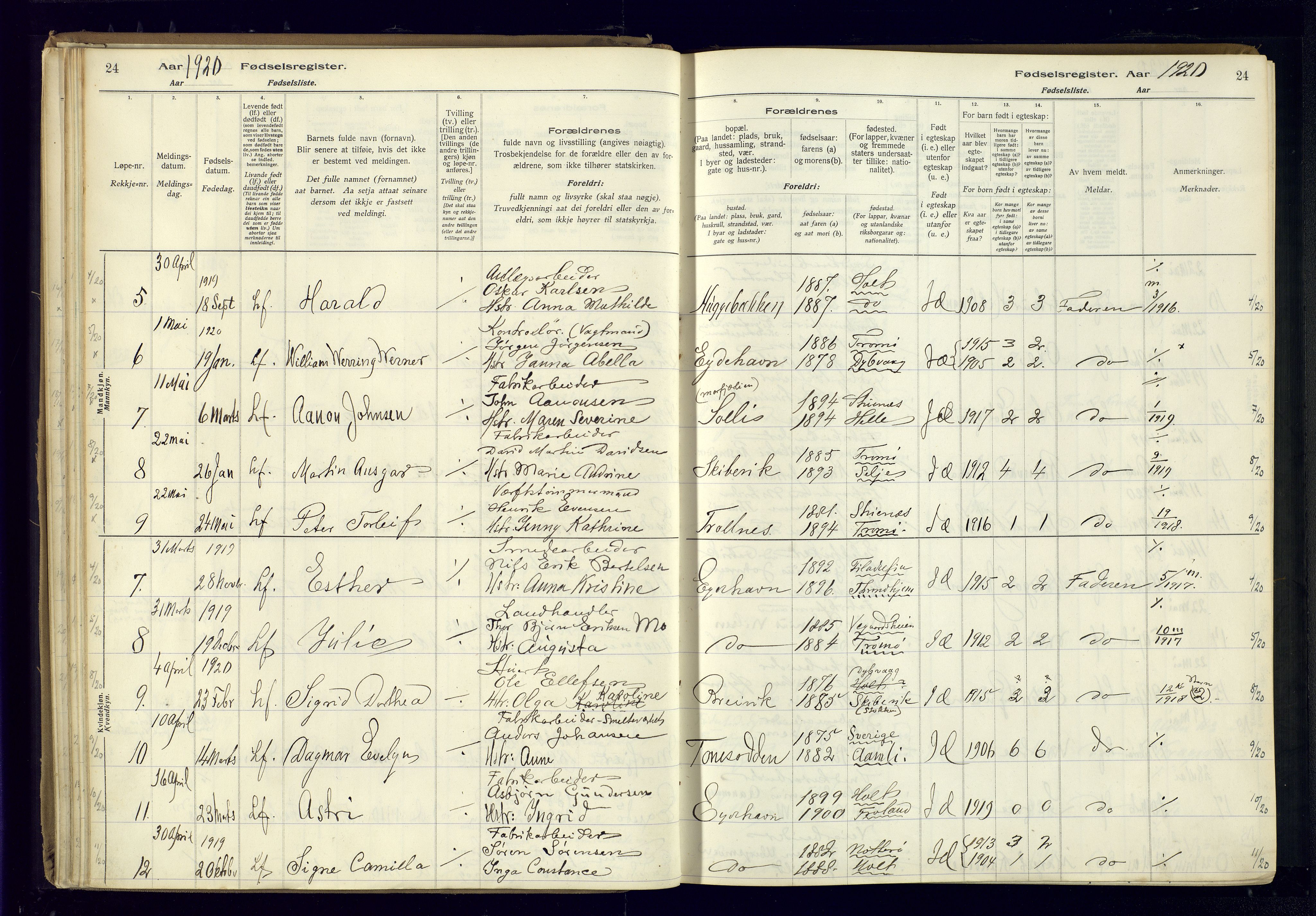 Austre Moland sokneprestkontor, AV/SAK-1111-0001/J/Ja/L0003: Fødselsregister nr. A-VI-27, 1916-1950, s. 24
