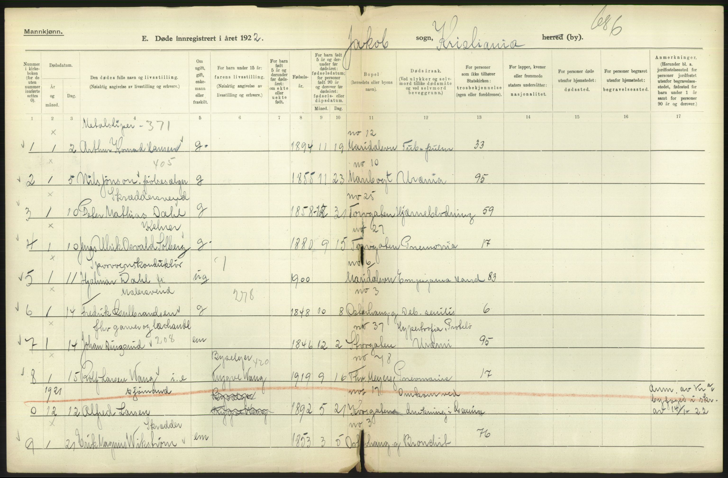 Statistisk sentralbyrå, Sosiodemografiske emner, Befolkning, AV/RA-S-2228/D/Df/Dfc/Dfcb/L0009: Kristiania: Døde, 1922, s. 212