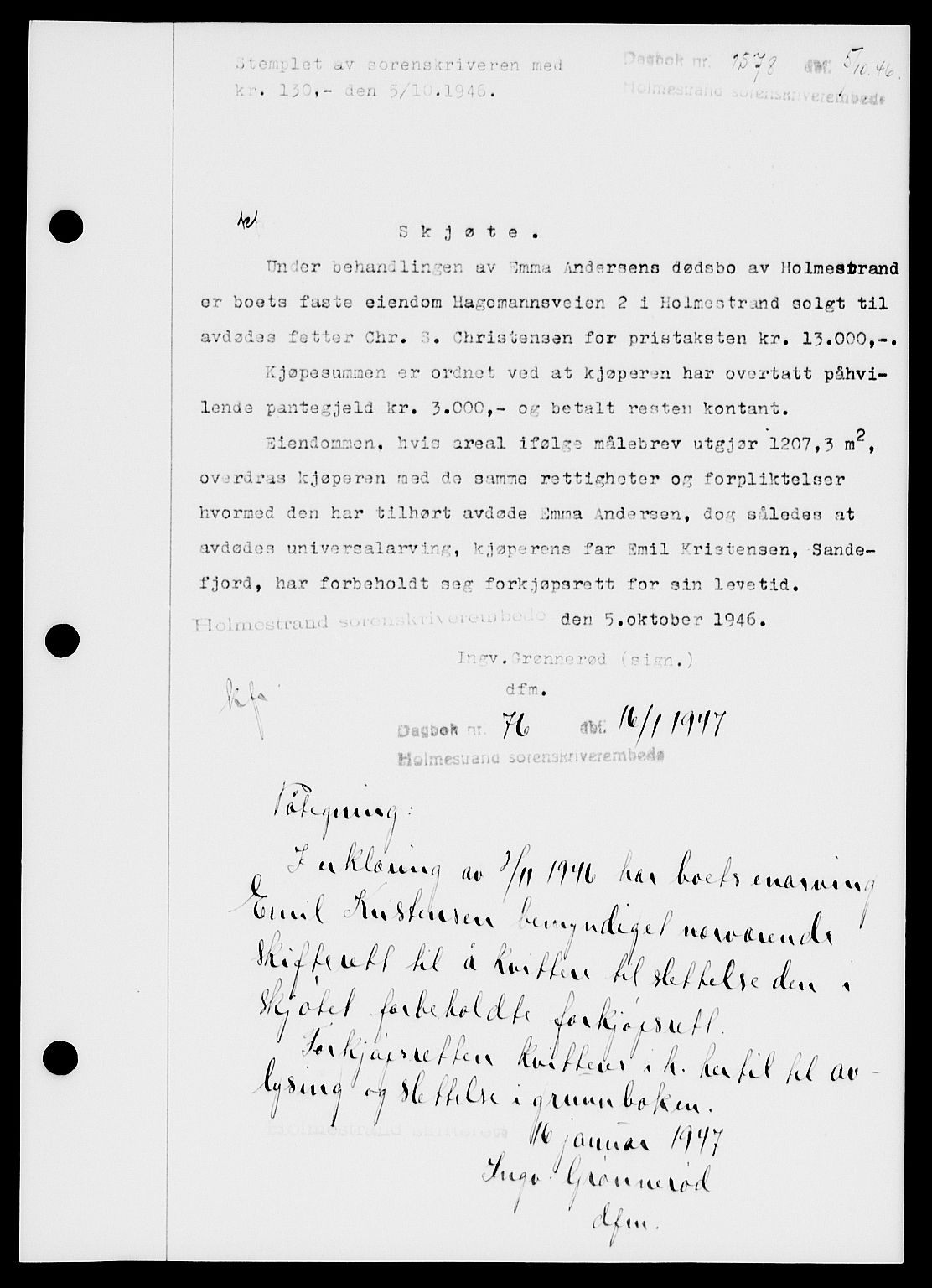Holmestrand sorenskriveri, SAKO/A-67/G/Ga/Gaa/L0061: Pantebok nr. A-61, 1946-1947, Dagboknr: 1578/1946