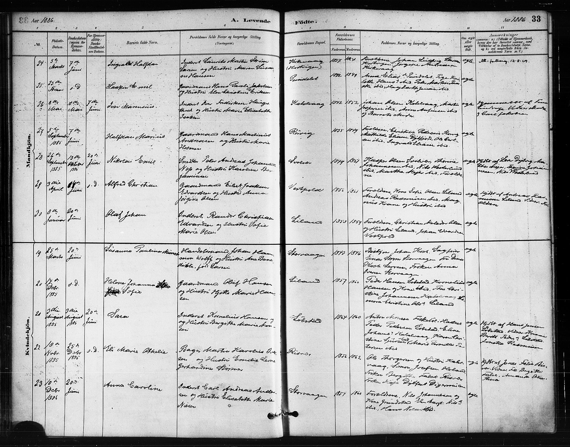 Ministerialprotokoller, klokkerbøker og fødselsregistre - Nordland, SAT/A-1459/874/L1059: Ministerialbok nr. 874A03, 1884-1890, s. 33