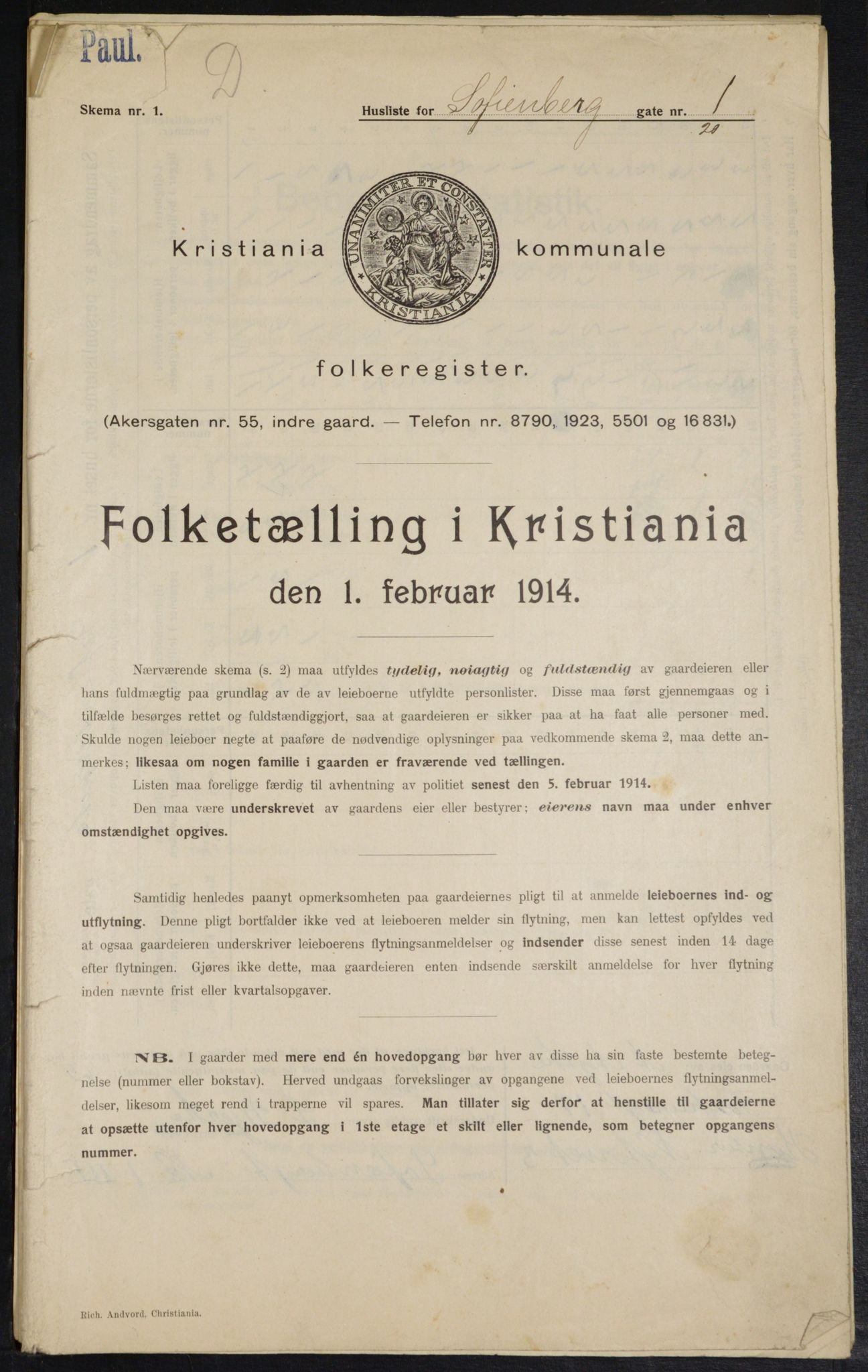 OBA, Kommunal folketelling 1.2.1914 for Kristiania, 1914, s. 97991