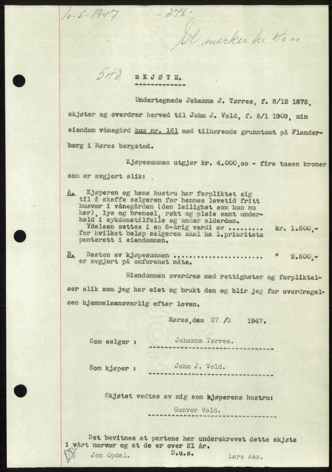 Gauldal sorenskriveri, SAT/A-0014/1/2/2C: Pantebok nr. A3, 1947-1947, Dagboknr: 543/1947