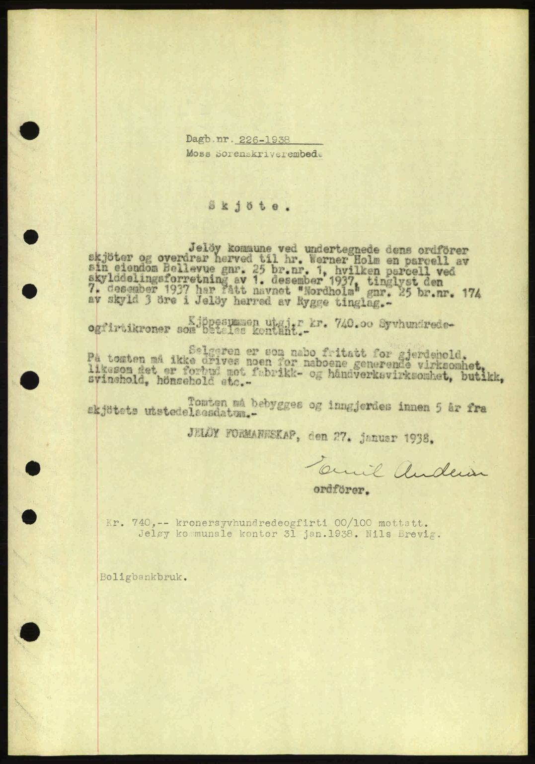Moss sorenskriveri, SAO/A-10168: Pantebok nr. A3, 1937-1938, Dagboknr: 226/1938